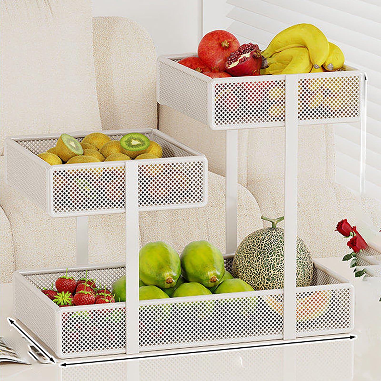 YYLMKMFC-AE 3-Tier Fruit Basket Bowl For Kitchen Counter, Metal Wire Vegetable Storage Holder Stand, Large Capacity Mesh Produce Organizer(White)