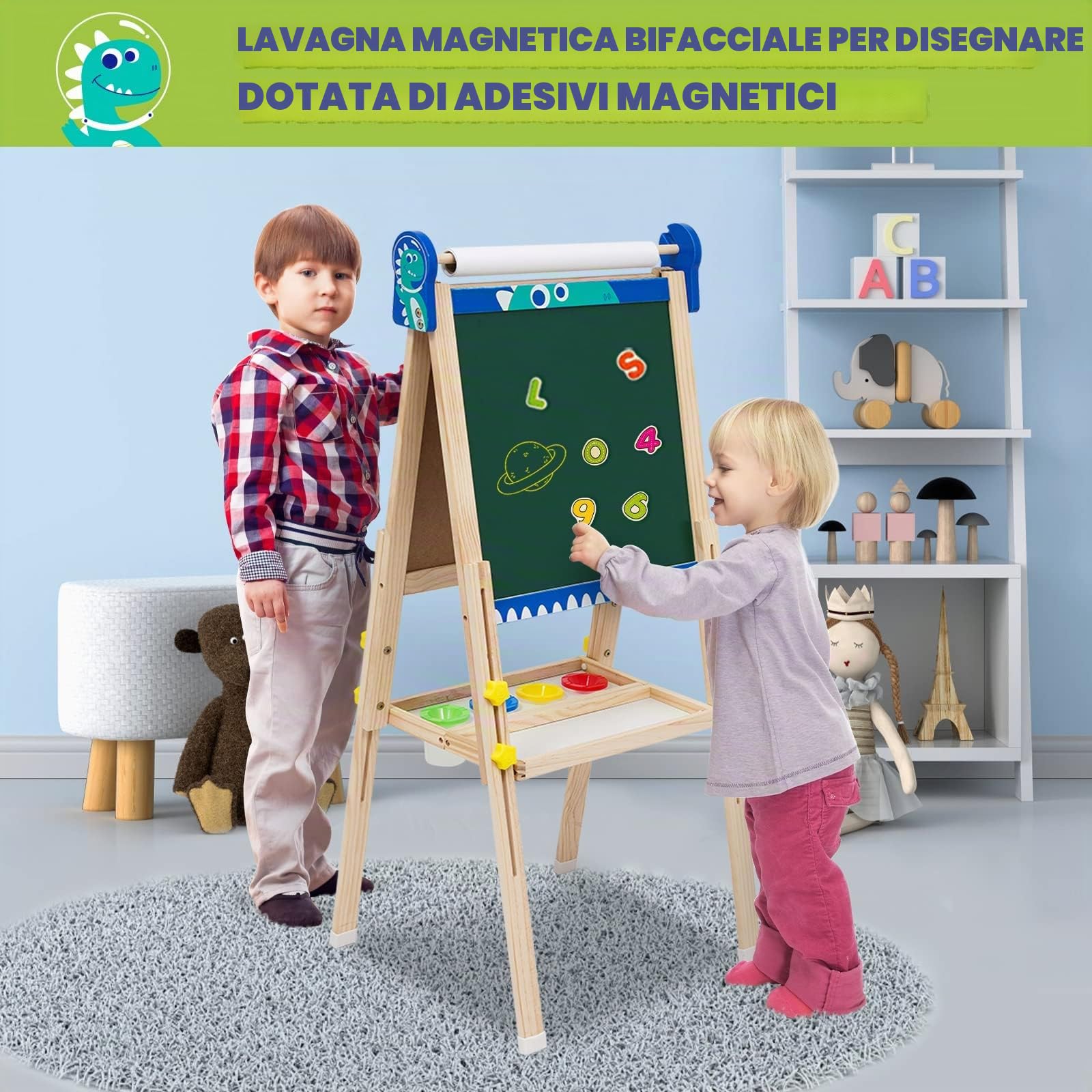 Lavagna Pieghevole con Cavalletto per Bambini, Lavagna per Bambini a Doppia Faccia con Cavalletto Regolabili in Altezza, Rullo di Carta, Lavagna Bianca, adesivi dei cartoni animati e Altri Accessori