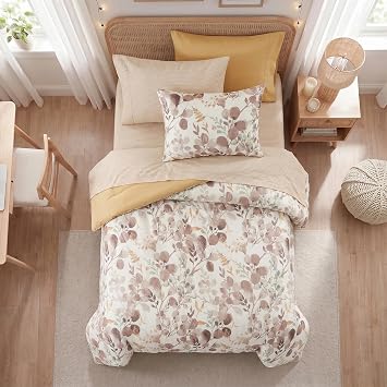 Lightweight Seersucker Botanical Comforter Set Twin Size, 6 Pieces Reversible Design Bed in A Bag Set, Premium Microfiber Bedding Set, Brown