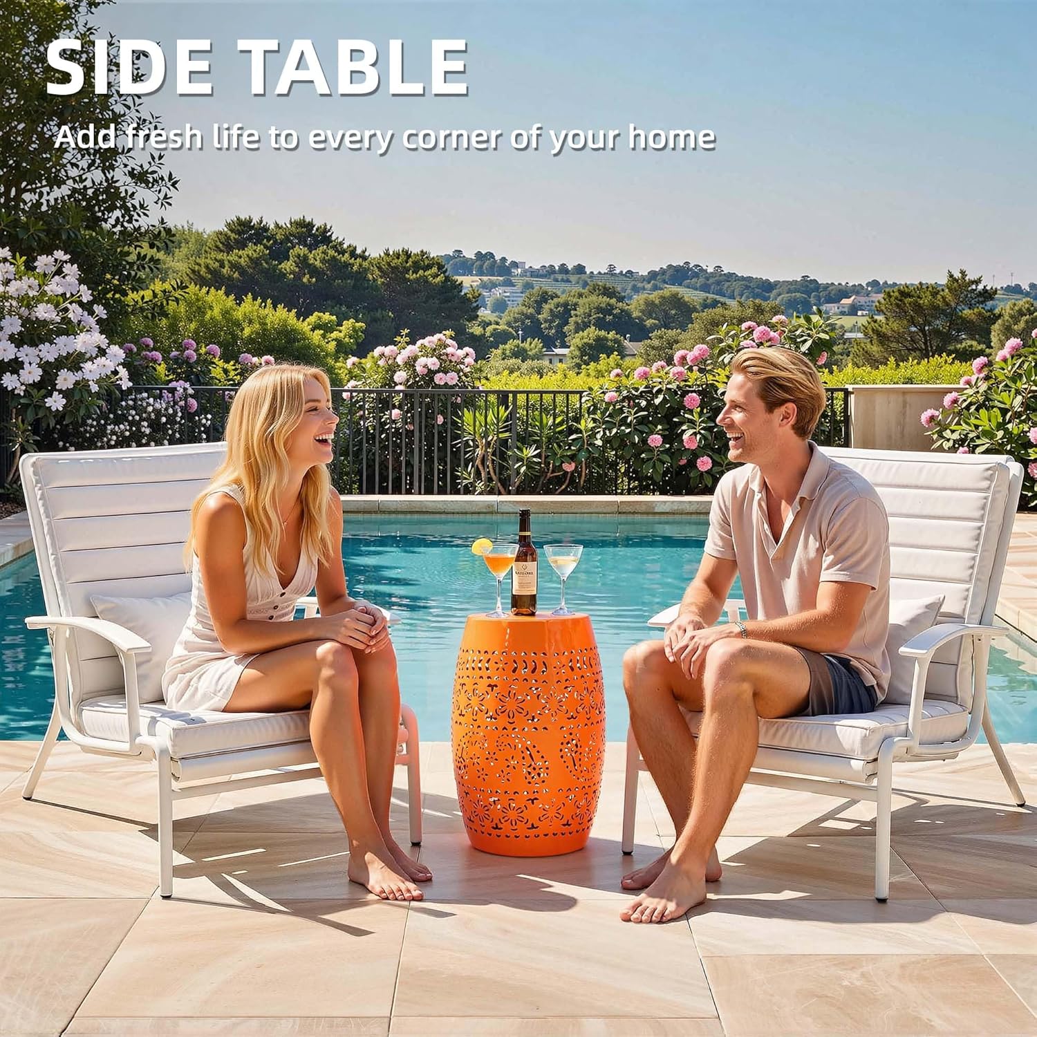 Large Outdoor Side Table, 18"H Modern Lace Cut-Out Metal End Table, Hollow Drum Coffee Table Planter Stand with No Assembly & Weather-Resistant,Decorative Garden Stool for Patio, Garden, Indoor
