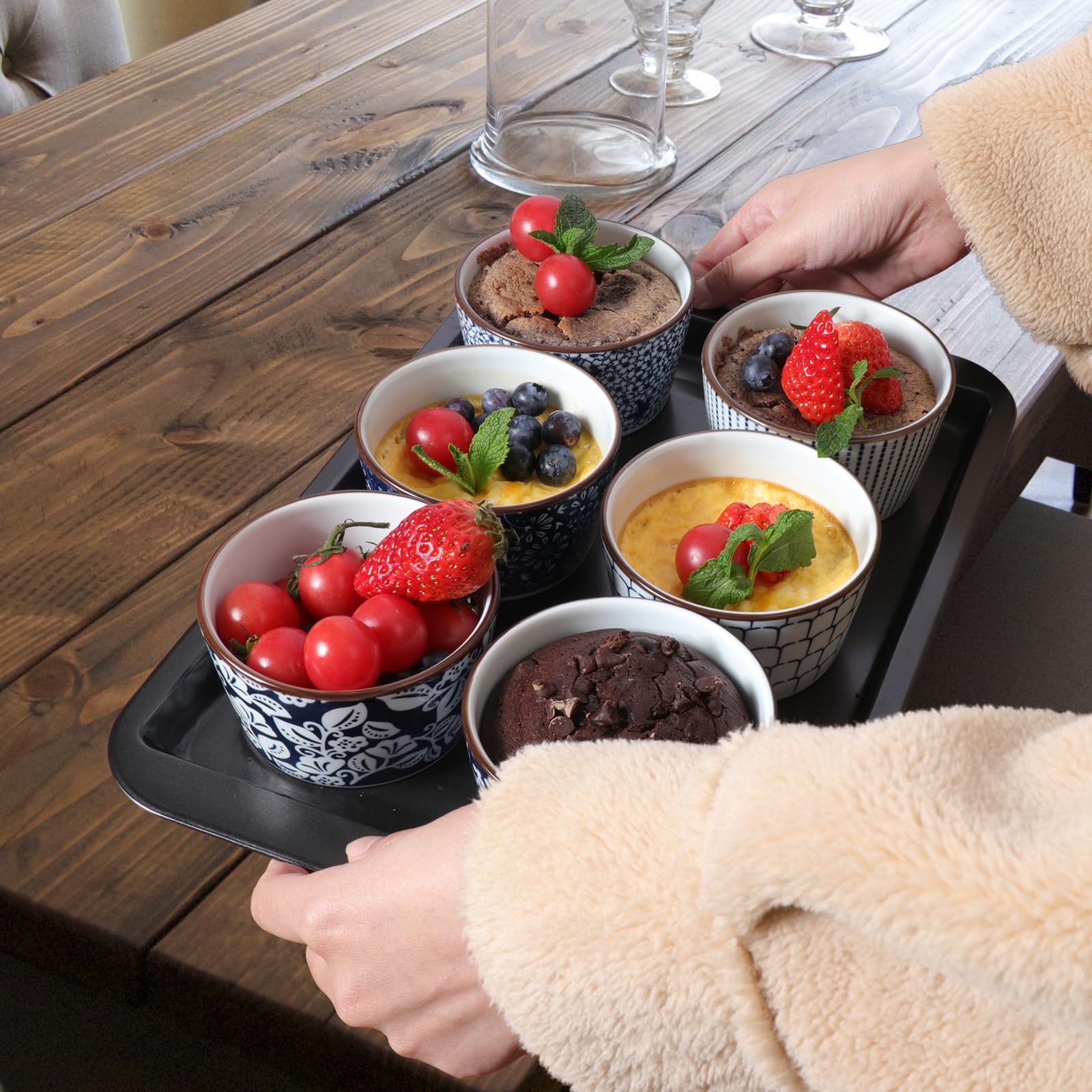 Ramequines de cerámica de 6 onzas, ramequines de crema brulee aptos para horno para pudín, crema brulee, cuencos de salsa, ramequines para hornear soufflé, helado, juego de 6