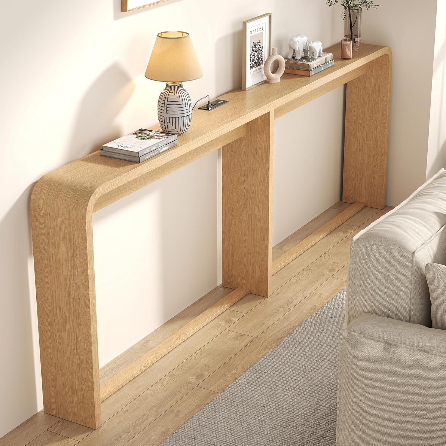 86.75" Long Console Table with USB Charging Port for Living Room, Farmhouse Narrow Entryway Table with Open Storage Shelf, Sturdy Wood Behind Couch Sofa Table for Hallway Entrance, Rustic Brown