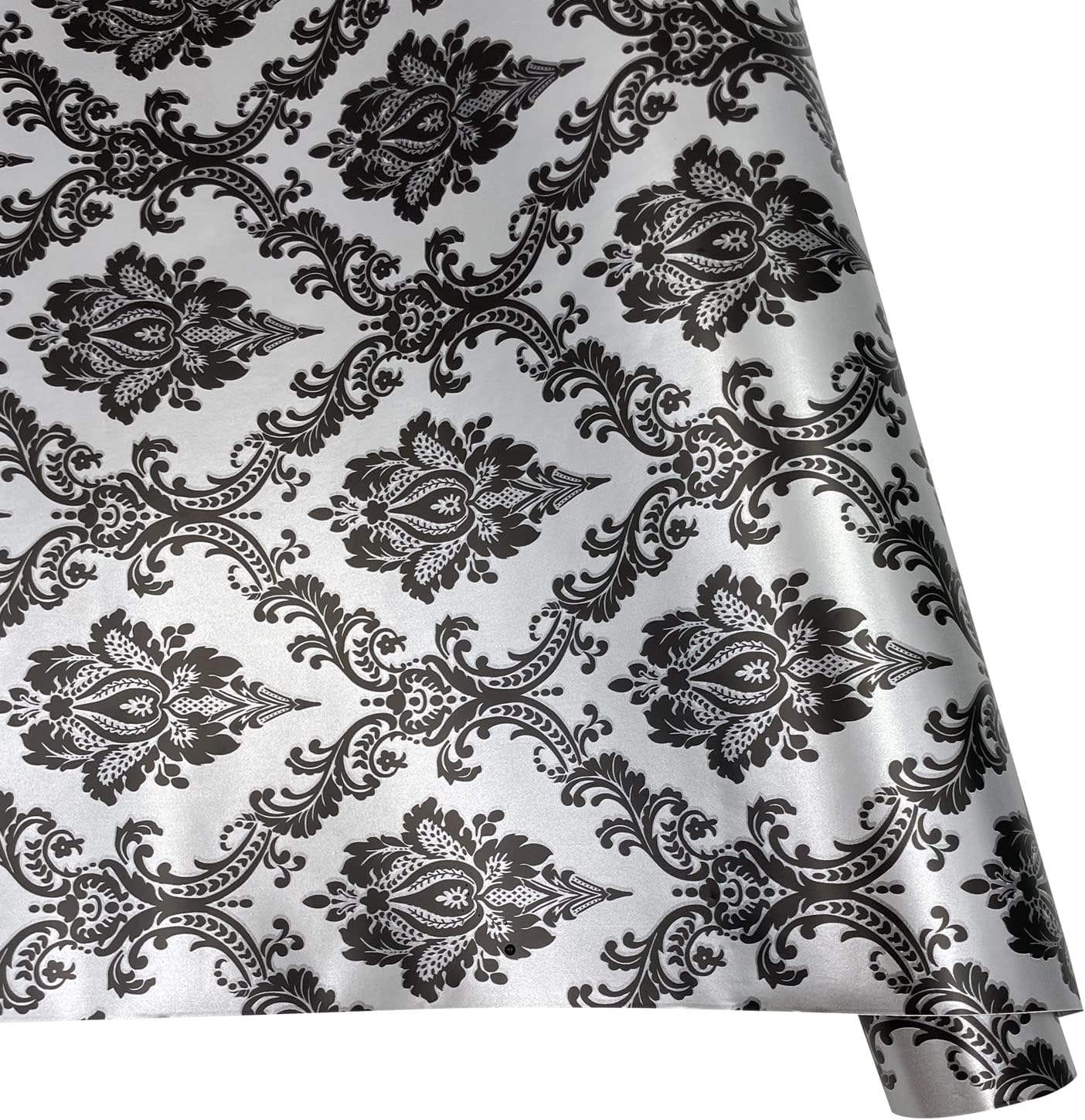 Black Damask Furniture Liner Silver Peel and Stick Backsplash Wallpaper Drawer Cabinet Liner for Shelves Non Slip Christmas Decor 17.7 inch Wide (M-236.2x17.7 Inch)