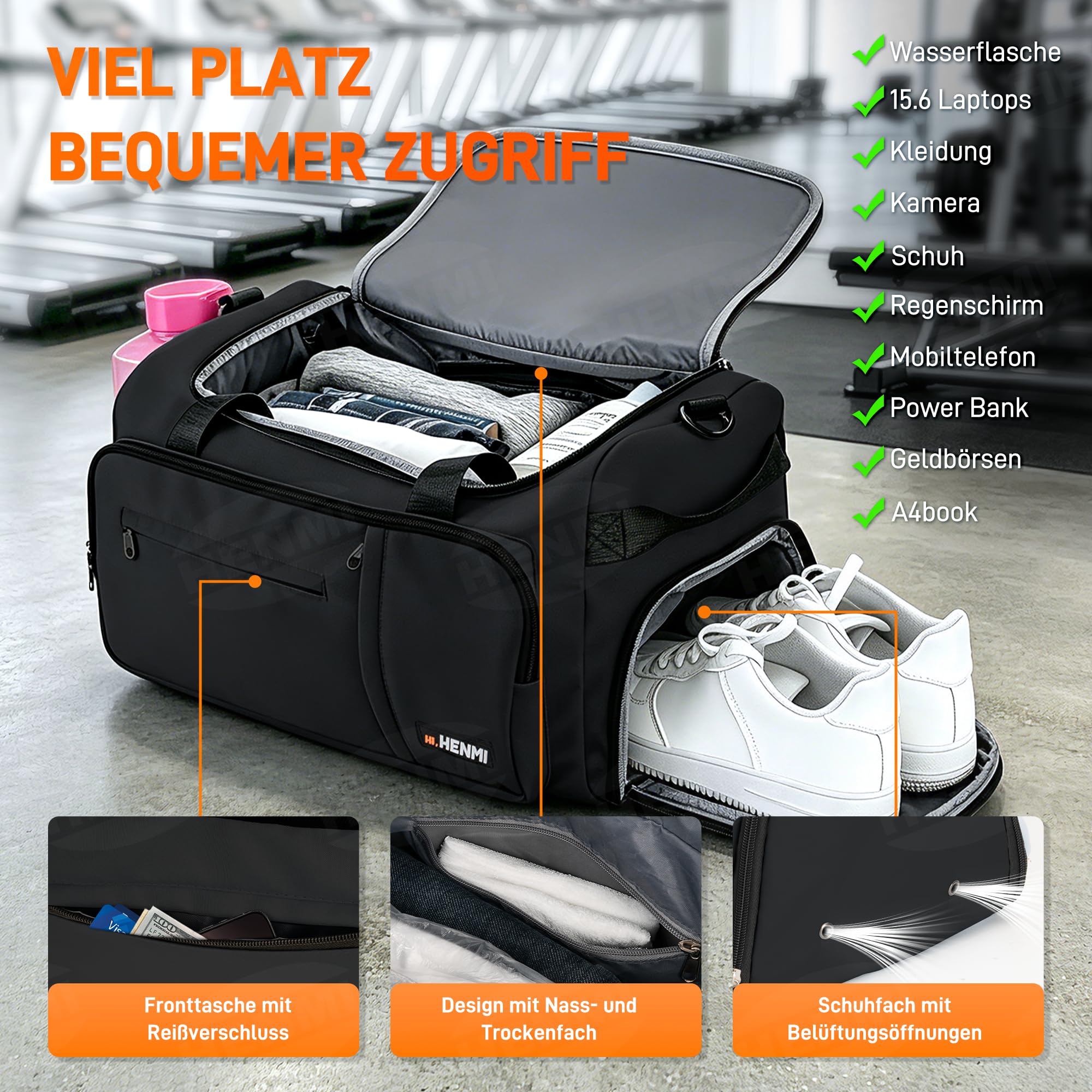 HENMI Sporttasche & Reisetasche für Herren und Damen, 43L Groß gymbag mit Schuhfach und Nassfach, Faltbare Gym Tasche für Sport und Travel, Sport Tasche, Trainingstasche, Gym Tasche (Schwarz)