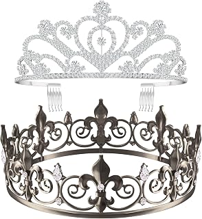 King Crown 2 Pcs Royal King Crown for Men Crystal Tiara Crowns for Women Girls Princess Crown (Glitter Style)