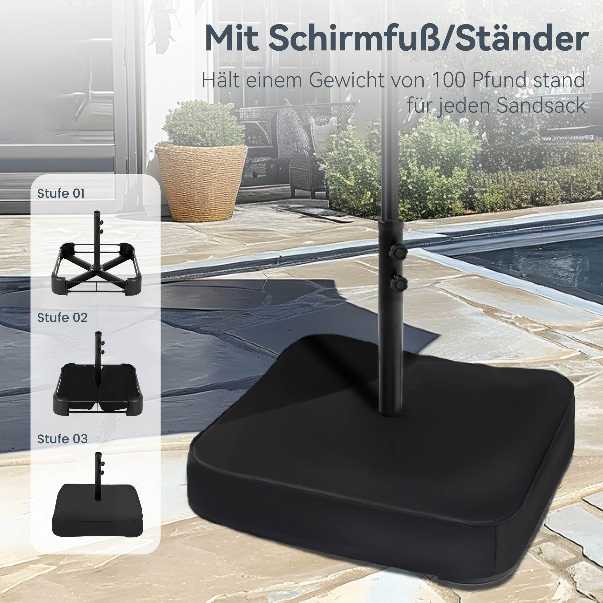 PHI VILLA Sonnenschirm Rechteckig mit Ständer Groß 270x450cm für Garten Terrasse Gartenschirm mit Kurbel UV Schutz Parasol Windfest