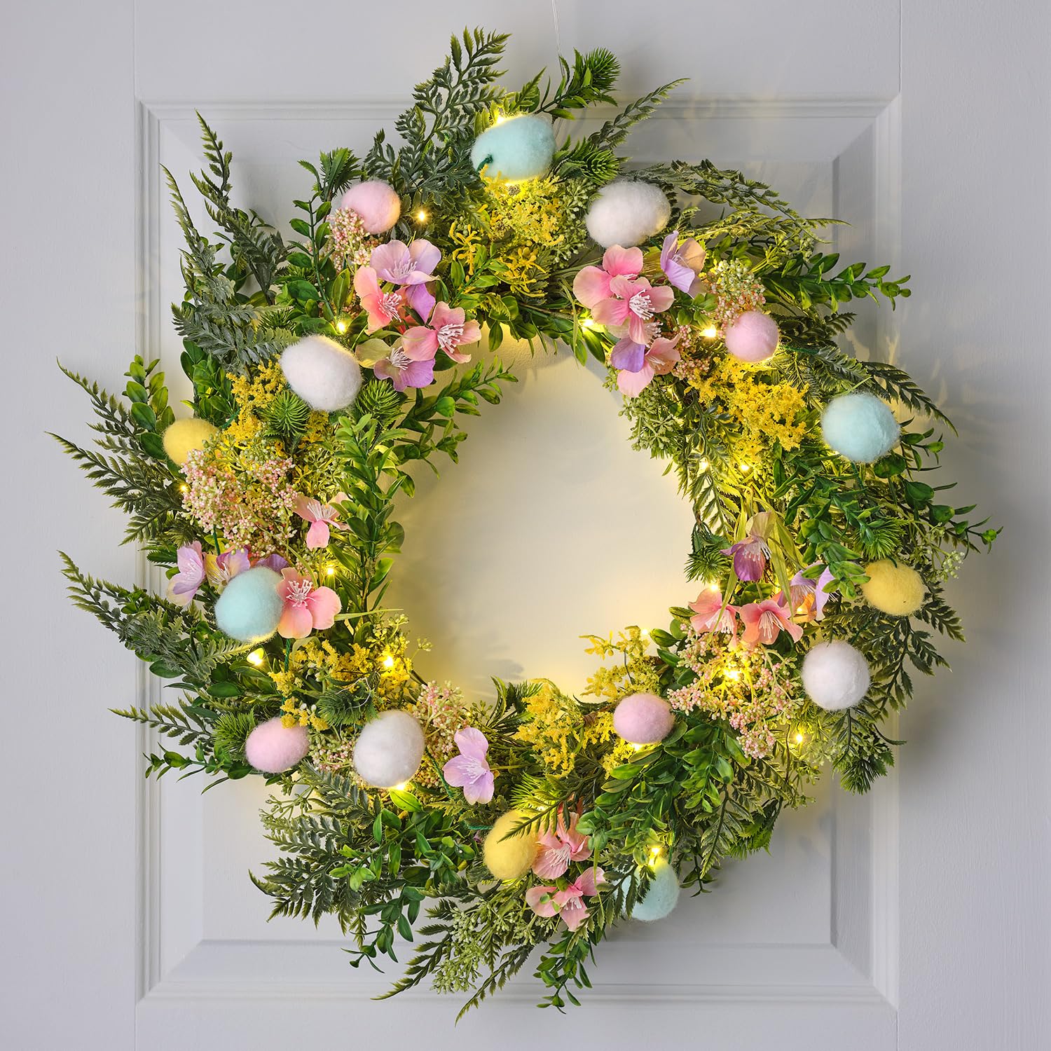 Lights4fun Multicolored 60Cm Oversized Pre Lit Premium Artificial Pastel Easter Egg And Flower Foliage Wreath For Front Door And Indoor Wall 50 Warm White Leds Battery Operated With Timer