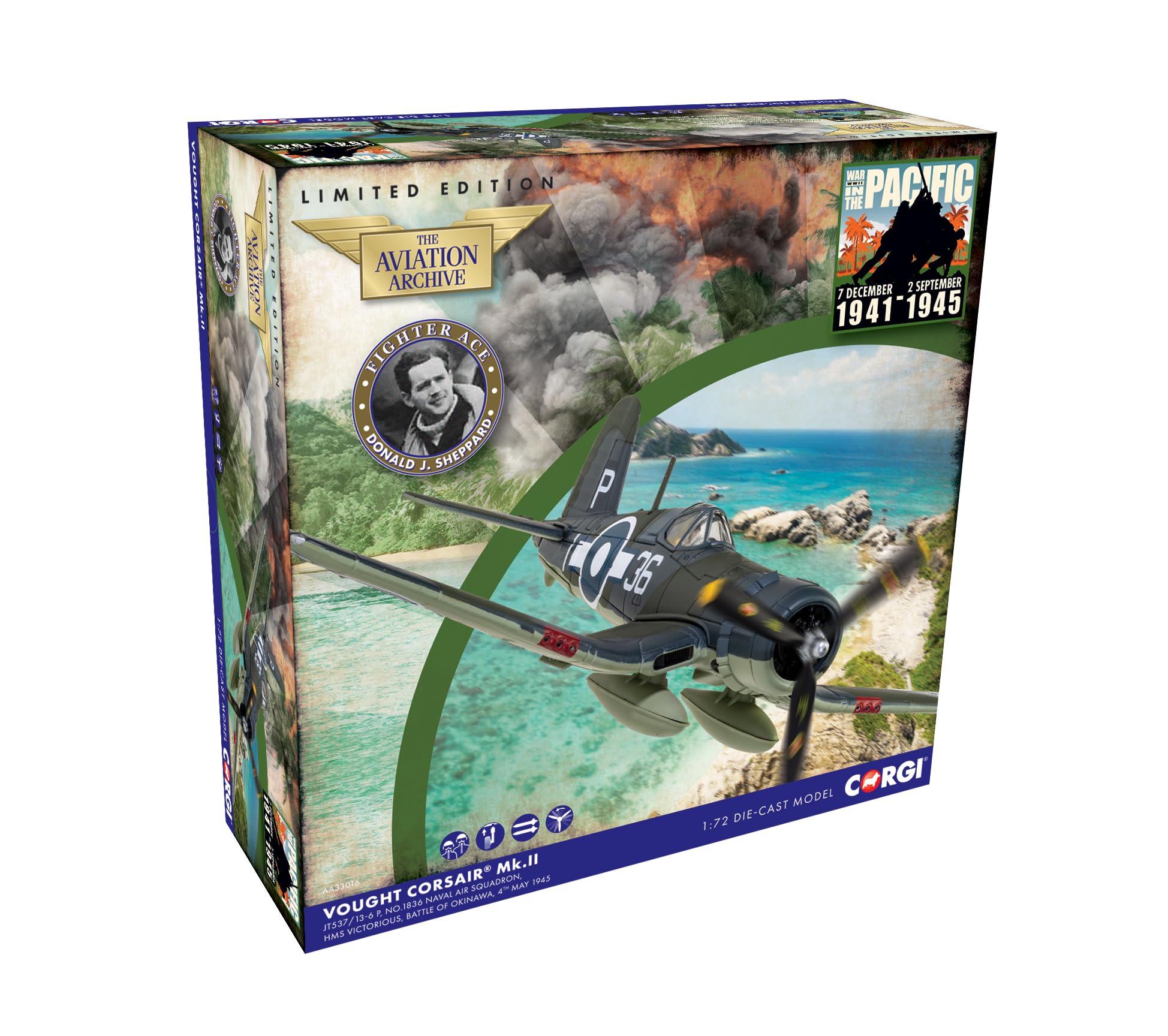 Corgi AA33016 Corsair MkII, JT537, 1836 NAS, Subteniente Donald J Sheppard Aviation Modelo Fundido a presión