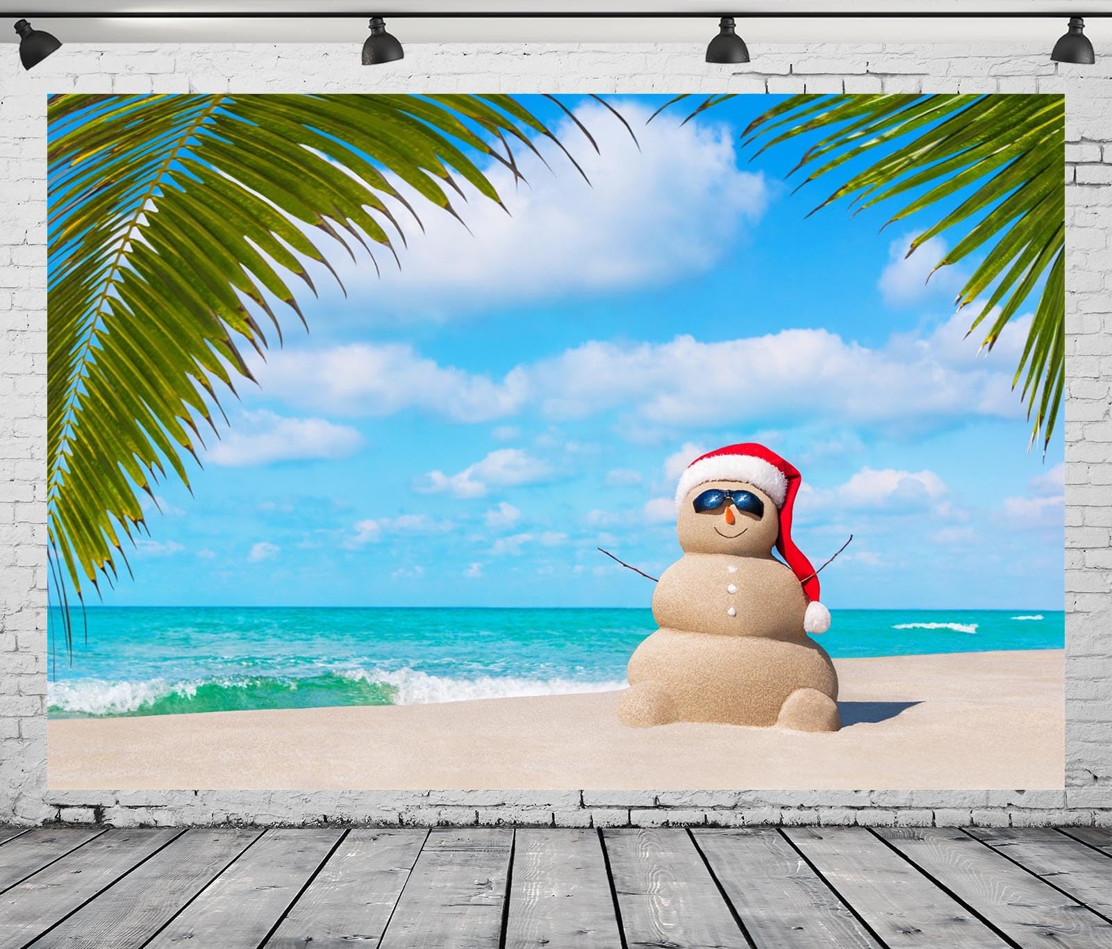 CORFOTO Fabric 7x5ft Summer Christmas in July Backdrop Beach Sand Snowmen Santa's Hat Photography Backdrop for Summer Vacation Hawaiian Santa Xmas
