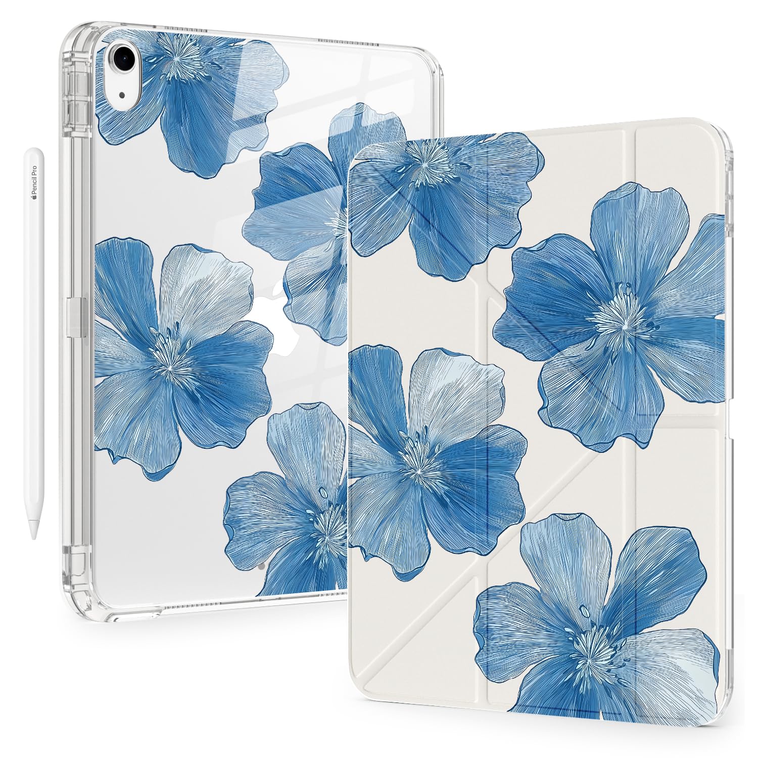 Cute Blue Flower for iPad (A16) 11th/10th Generation Case 11 Inch/10.9 Inch 2025/2022 with Pencil Holder, Auto Sleep/Wake, White Leather Acrylic Back Detachable Cover