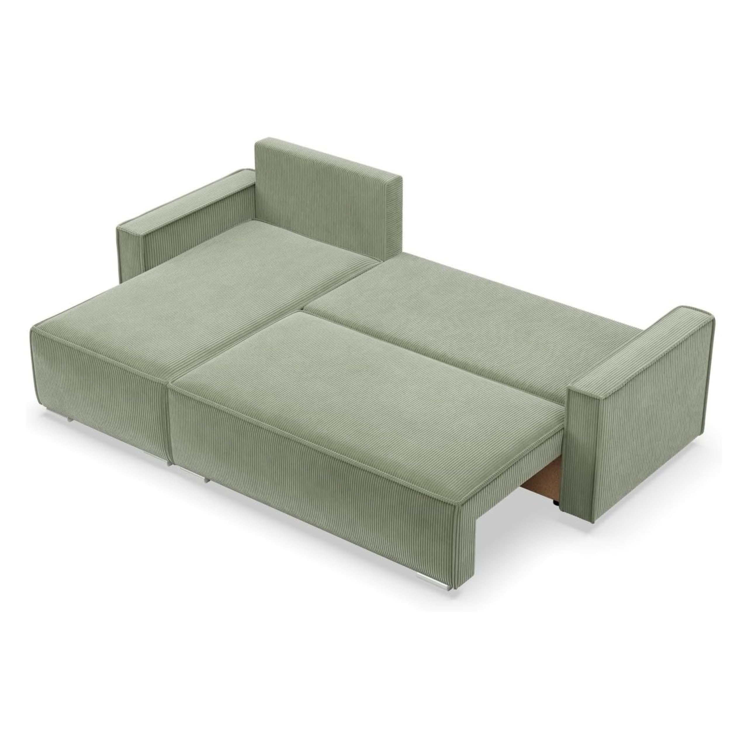Mebligo Ecksofa mit Schlaffunktion und Bettkasten NOTO, Cord Sofa L Form 231 cm Breit, Eckcouch Cord mit Schlaffunktion, Bonellfederkern, Universal Sofa Hellgrün