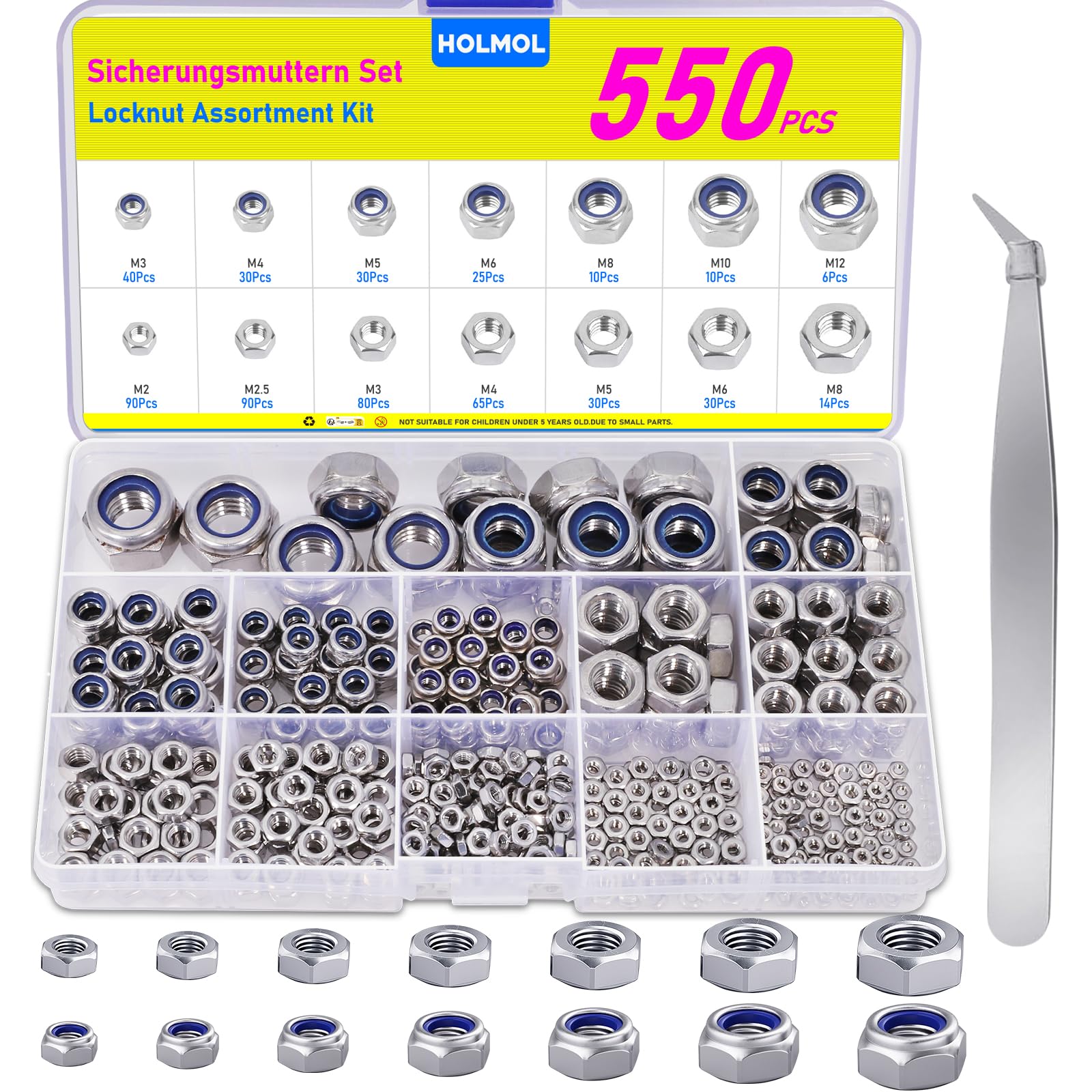 HOLMOL 550PCS Nylock Nuts Assortment DIN985 & Hex Nuts DIN934, 9 Sizes Stainless Steel Hexagon Nut Assorted and Self Locking Nut Assortment for Bolts, Washers, Screws
