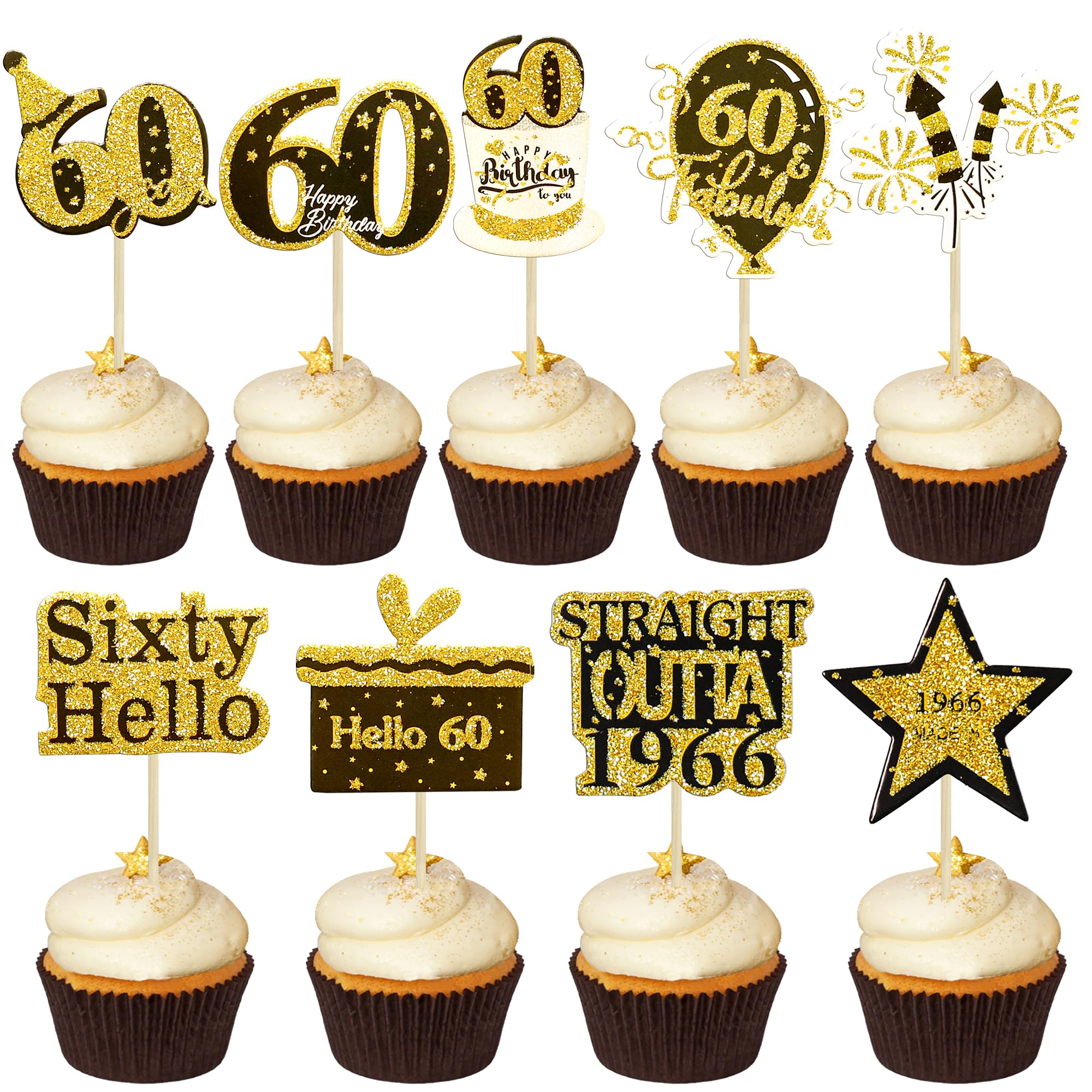 Gyufise 36Pcs Happy 60th Birthday Cupcake Toppers Glitter Black Gold Sixty Straight Outta 1966 Cupcake Picks 60 Fabulous Cheers to 60 Years Cake Decorations for 60th Birthday Party Supplies