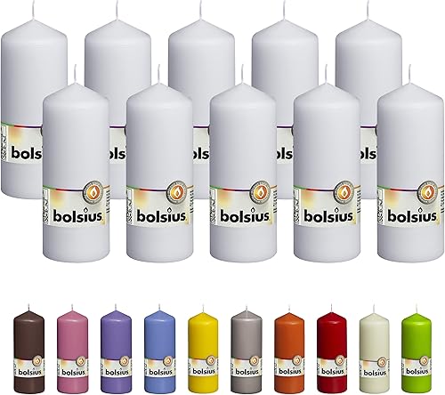 BOLSIUS 10 velas de pilar blancas de 2.25 x 6 pulgadas, calidad europea premium, envueltas individualmente, 42 horas de tiempo de combustión, velas