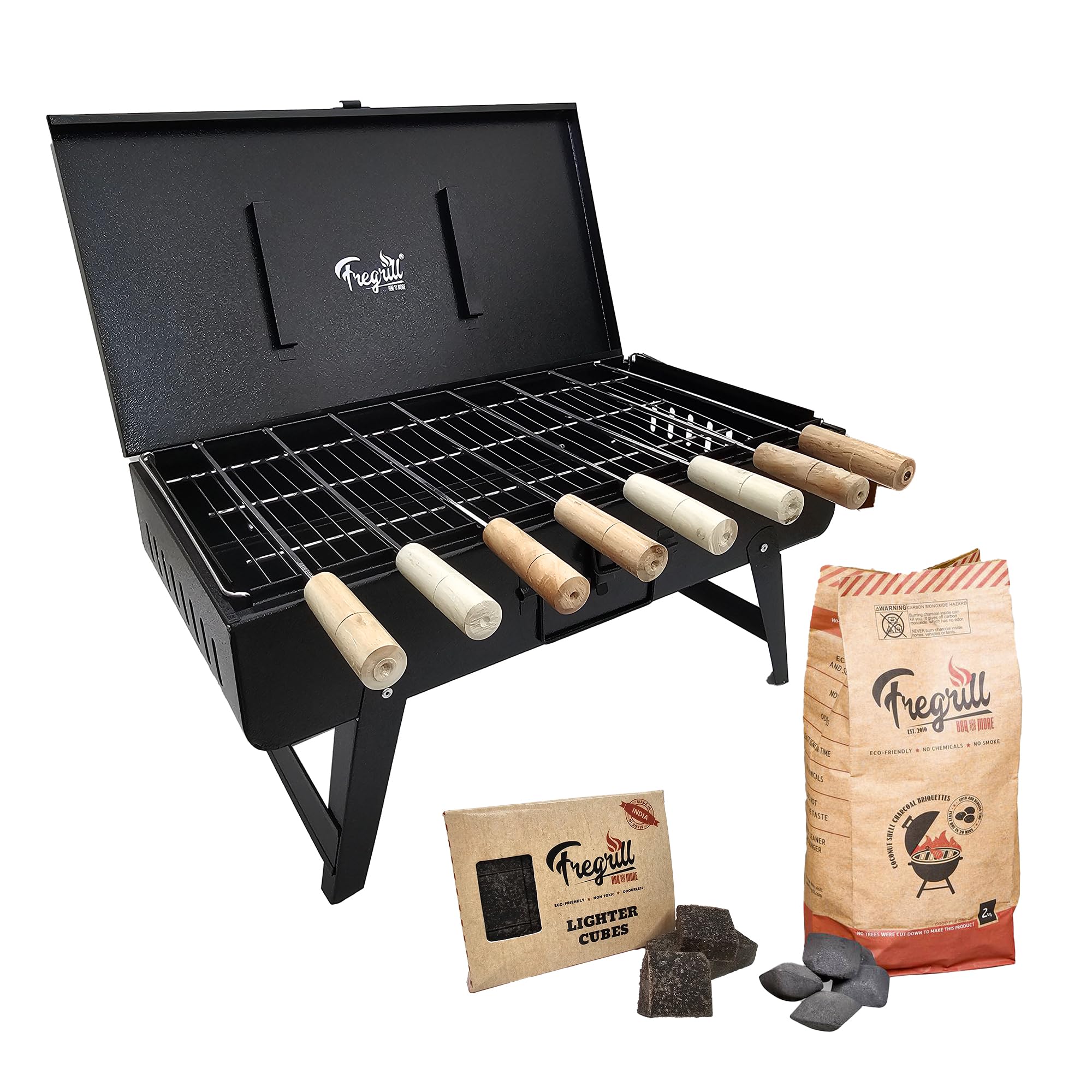 Fregrill-Bbq & More Premium Foldable Briefcase Charcoal Barbecue Grill (Large) (Black) - With Stainless Steel Cooking Grate, 8 Skewers, 2Kg Fregrill Charcoal Briquettes, And 12Pc - Free Standing (B0CQGND21K) Amazon Price History, Amazon Price Tracker
