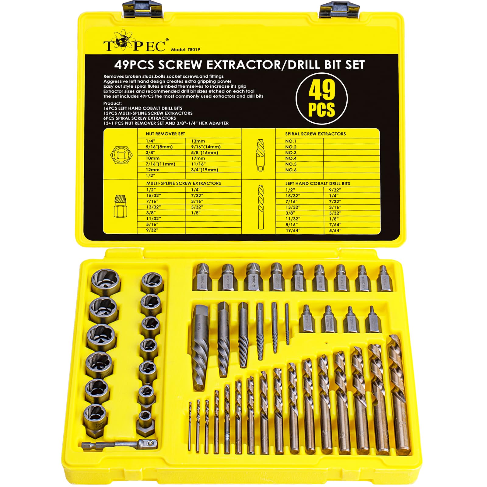 Topec 49pcs Screw Extractor/Drill Bit Set, Professional Remove Set for Removing Broken Studs Bolts, Socket Screws and Fittings