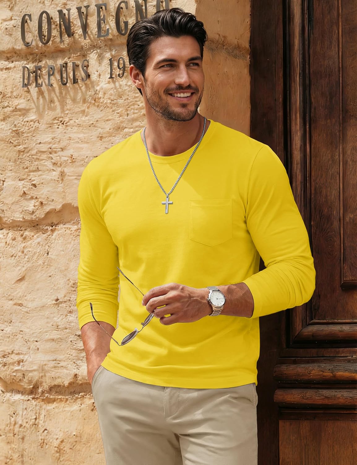 MAGCOMSEN Men's Long Sleeve Shirt with Pocket Cotton Crew Neck Shirts Casual Lightweight T-Shirt - Image 4