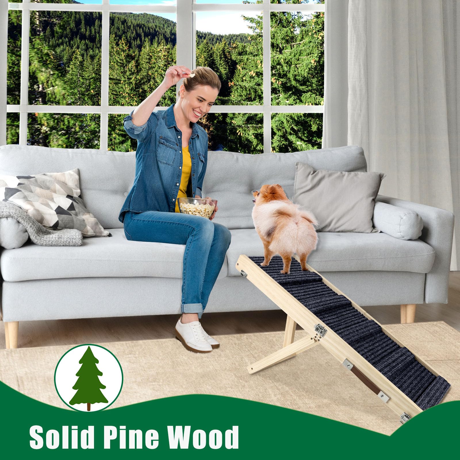 Okydoky Rampe d'escalade pour petit chien, réglable et portable en bois, 81,3 cm de long avec tapis de traction antidérapant, réglable de 22,9 cm à 44,5 cm, échelle d'escalade pour canapé, voiture