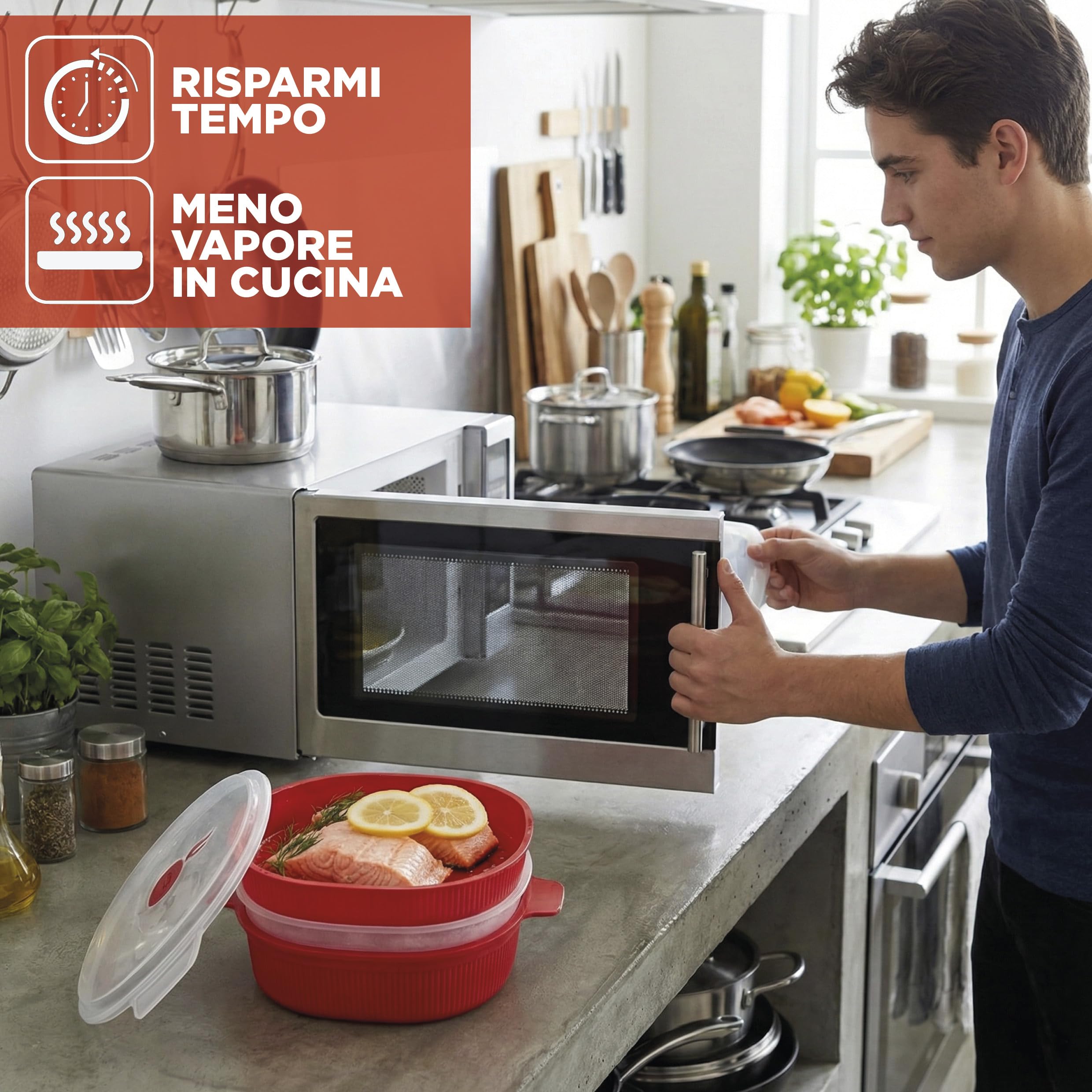 Snips - Vaporiera Microonde Rossa 4L con 2 Vassoi Sovrapponibili per Doppia Cottura a Vapore, Contenitori per Alimenti - Contenitore per Microonde, 26.5x22x13.5 cm, Made in Italy