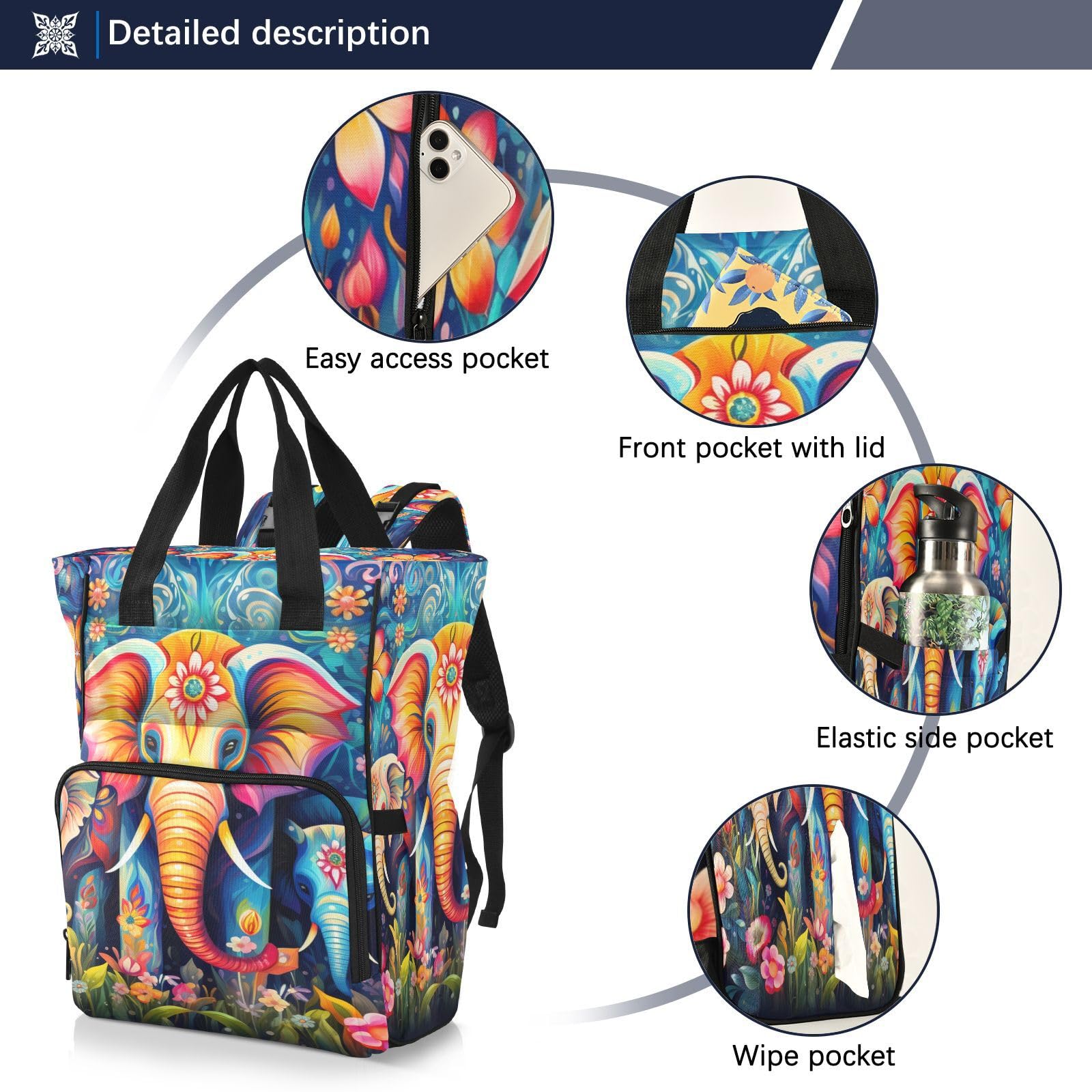 Elefante Colorido Floral Adornado Mochilas de Pañales para Gran Capacidad Pañal Bolso Mochila para Viajar al Aire Libre Mamá y Papá