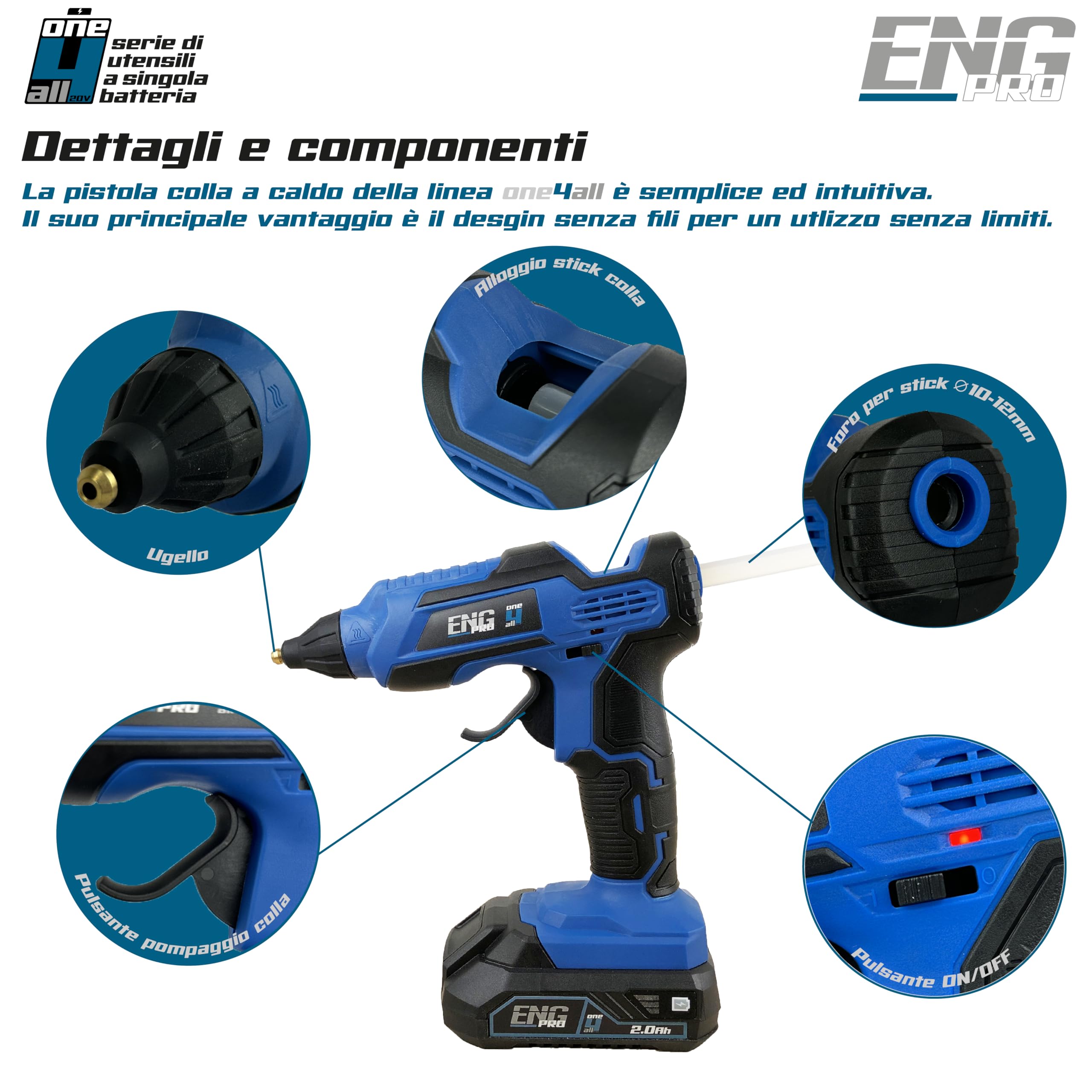 Pistola Colla a Caldo | Linea Professionale Monobatteria ONE4ALL | Riscaldamento in 3 Minuti, Indicatore LED | 2 batterie 2.0 Ah