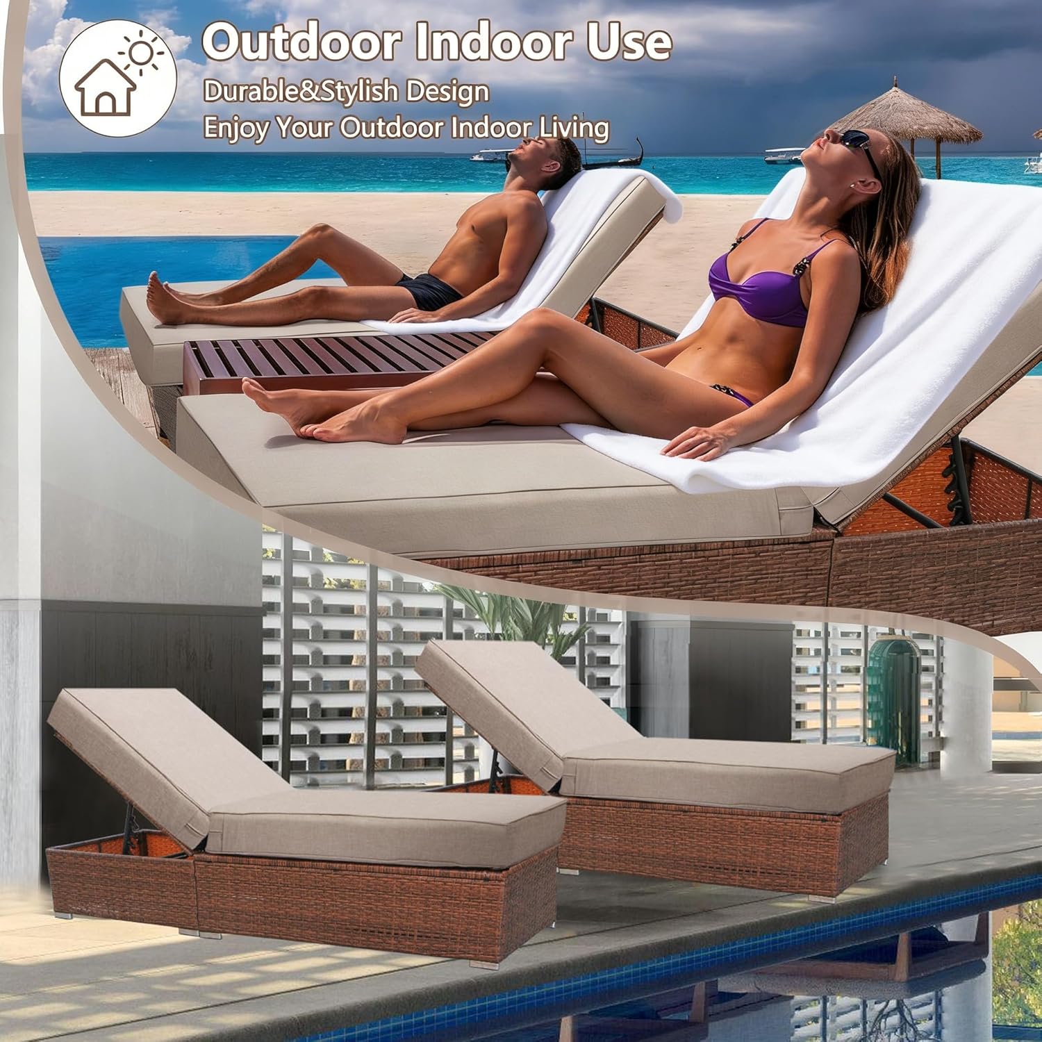 Outdoor Chaise Lounge Cushion 80"x26"x6", Waterproof 6" Extra Thickness Lounge Cushion with Removable Cover, Patio Lounge Chair Cushions Set of 2 for Outdoor Furniture, Khaki