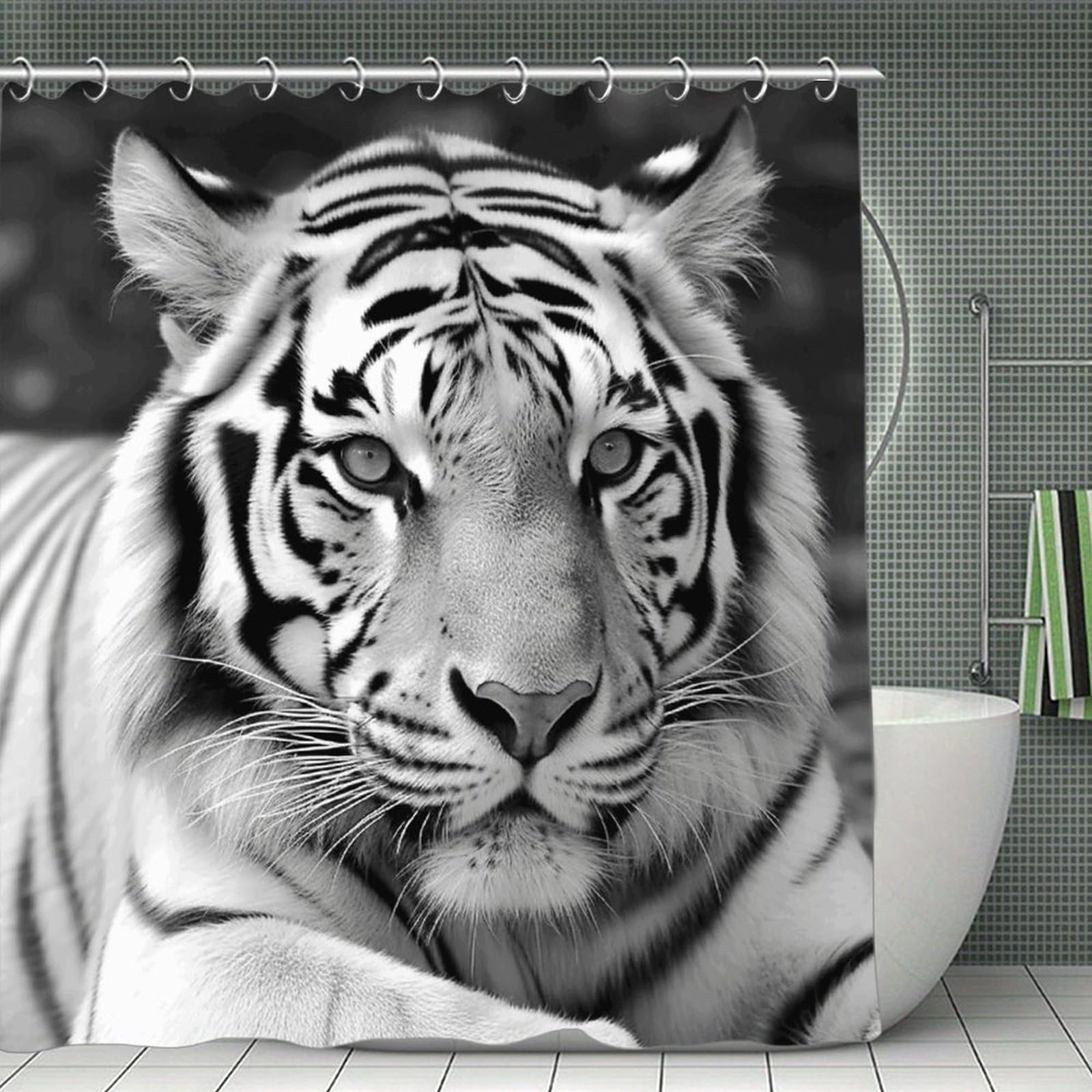 FekiLoot Black White Tiger Shower Curtain Minimalist Aesthetic Bath Curtain with Hooks Simple Water Resistant Bathroom Shower Curtains Cute Blackout Privacy Curtains Cloth Curtain