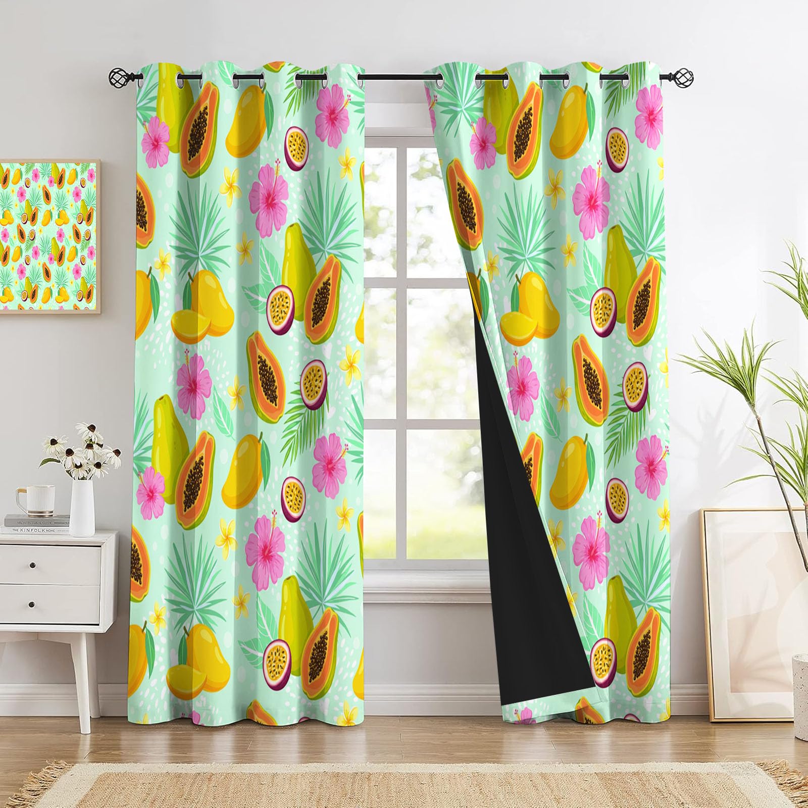 Frutas Tropicales Cortinas Opacas De Diseños Mango Papaya Salon Dormitorio Decoración De La Ventana, 2 Piezas Cortinas Ollaos Verde Claro, Aislantes Frio Y Calo 140An X 245Al Cm