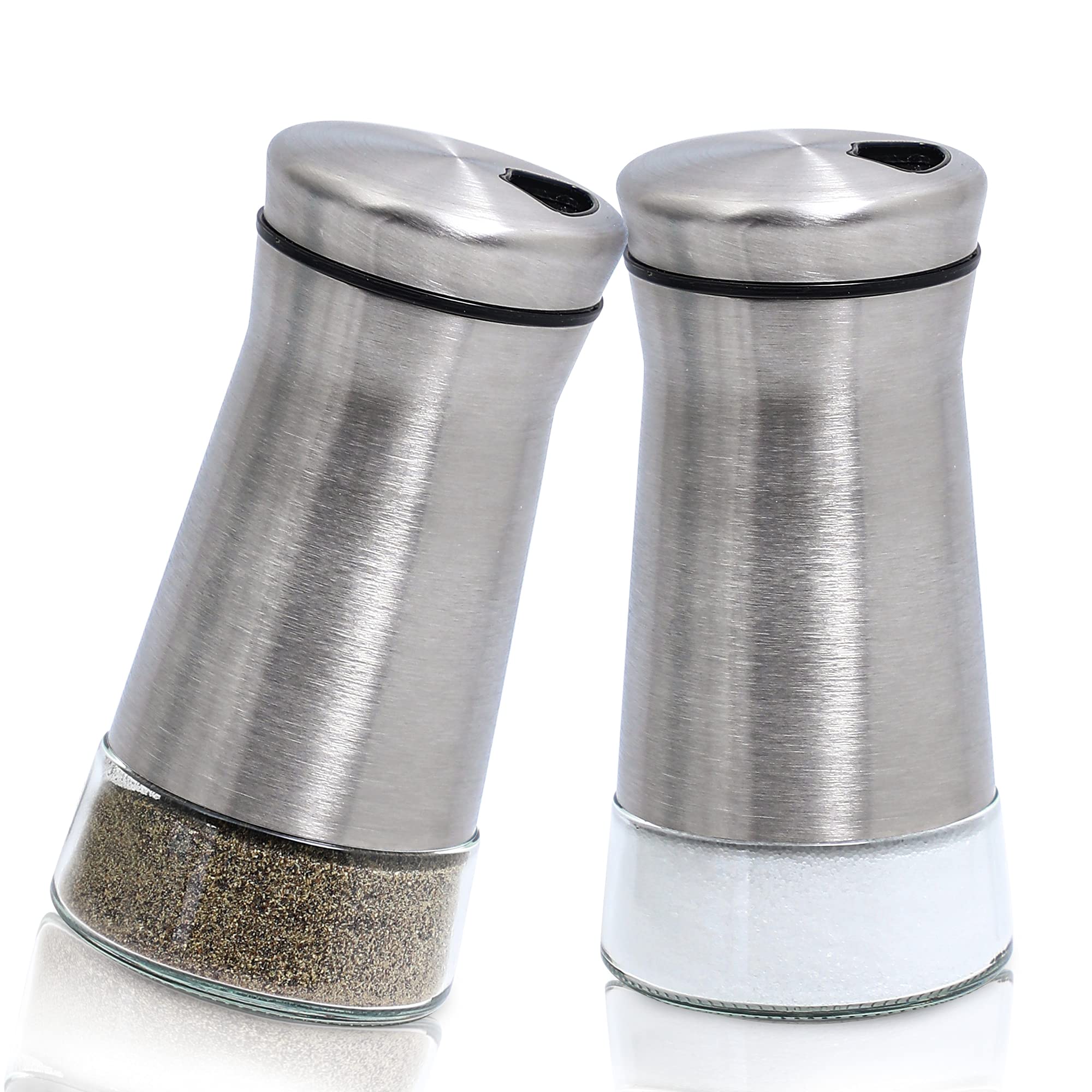 AelgaSalt and Pepper Shakers with Adjustable Pour Holes-Elegant Stainless Steel Salt Pepper Set 2PCS-Salt Dispensers for Himalayan, Kosher and Sea Salts