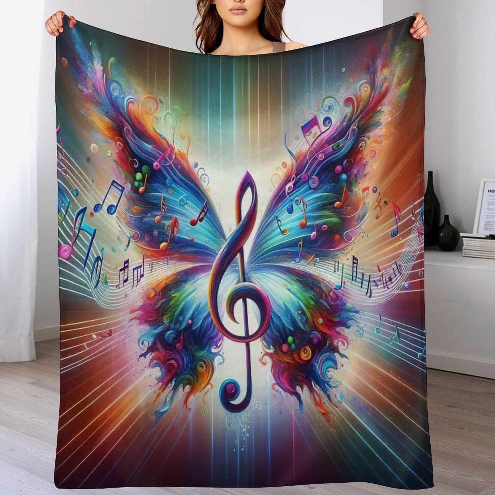 Couverture en flanelle flannel imprimée note musicale 130x150cm jeté de lit et sofa