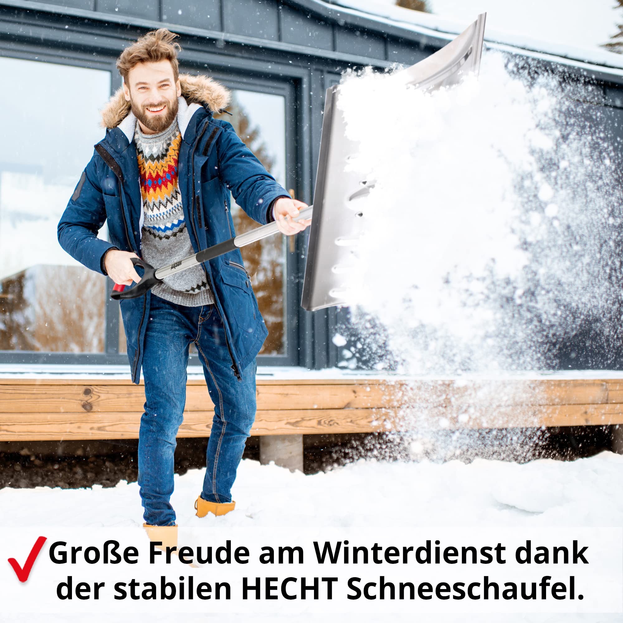 Hecht Profi Schneeschieber - Schneeschaufel mit leichtem Stiel aus Aluminium – 46 cm Metallblatt – Schiebekante – Ideale Schaufel für den Winterdienst – Premium Schneeschieber