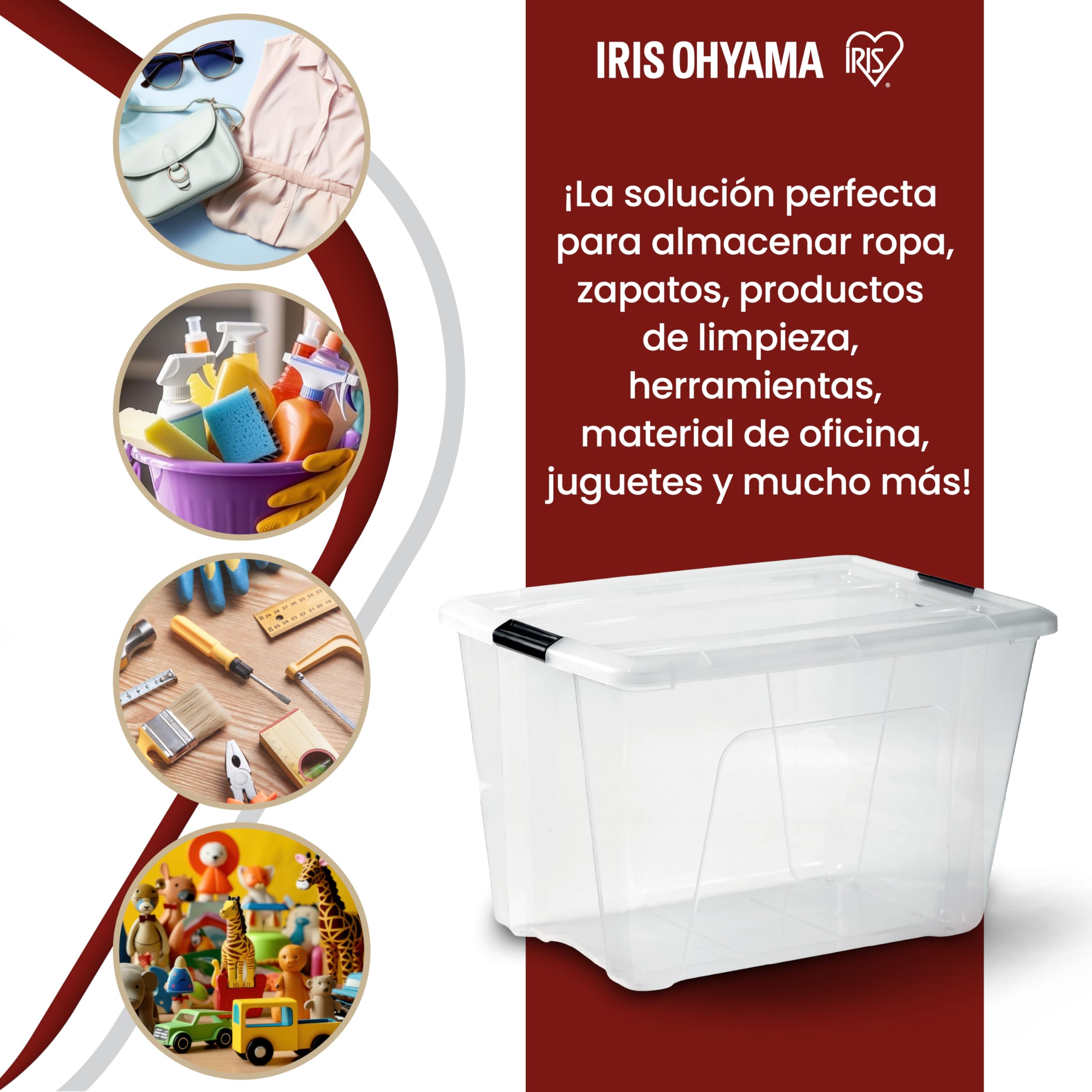 Iris Ohyama 4 Cajas de Almacenaje Plastico con Tapa, 60L, Transparente, Clips de Cierre, Duradero, Apilable, para Dormitorio, Armario, Oficina, Organizadora, Ropa, Libre de BPA, NTB-60