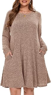 Sweater Dress Plus Size Long Sleeve Ribbed Knit Crew Neck Casual Flowy S...