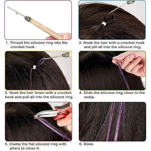 Miniatura 7 de Kit de oropel para el cabello (48 pulgadas, 14 colores, 3500 hebras), extensiones de cabello de oropel con herramientas, kit de oropel de pelo de