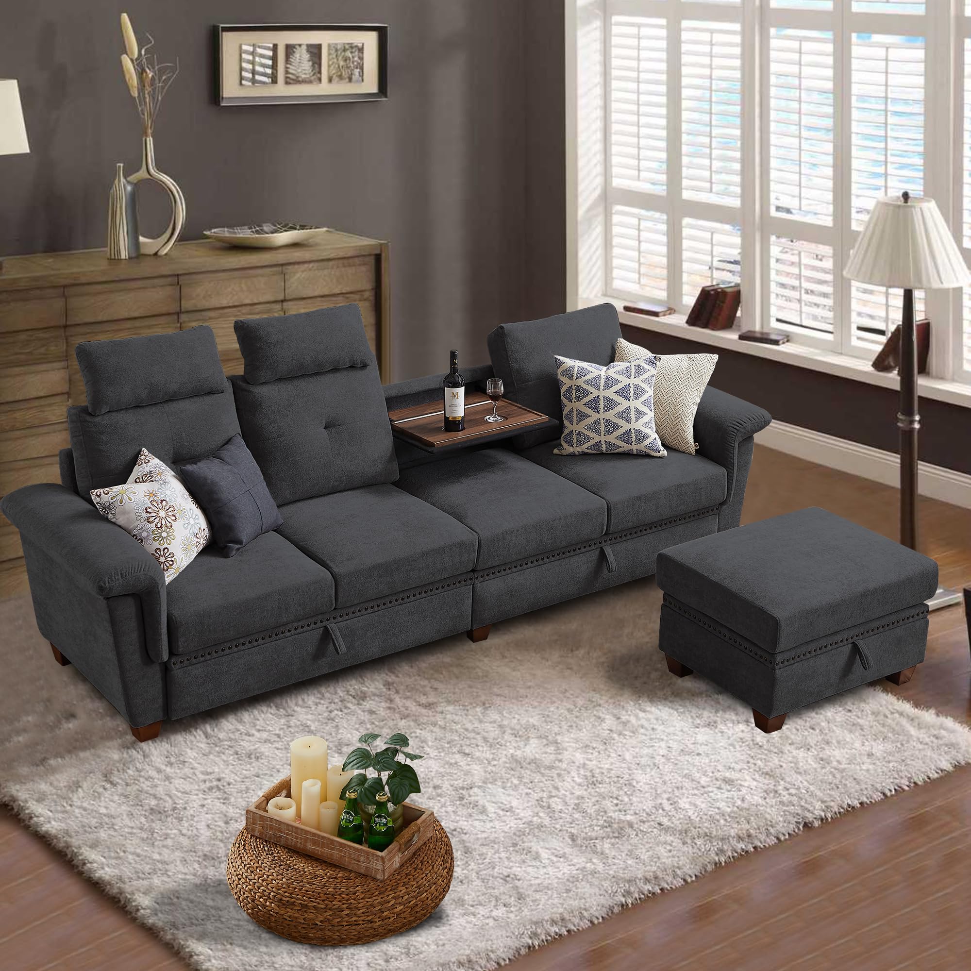 ( incomplete)( only 1 box ) Convertible Sectional Sofa with Storage, 4 Seat L Shaped Couch with Chaise and Cup Holder, Modern Microfiber Fabric Sofas Couches for Living Room, Dark Grey