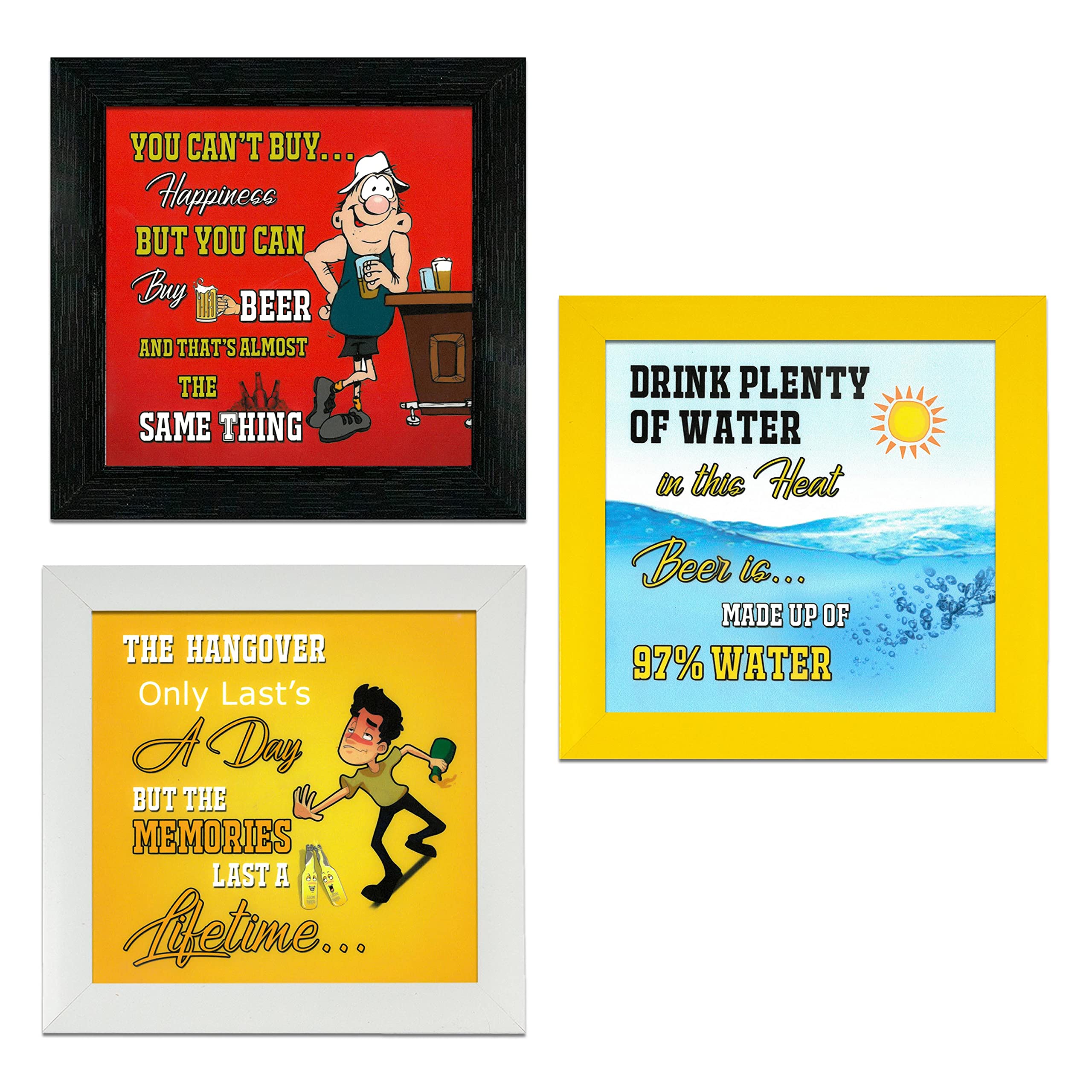 Set of 3 Funny Quotes on Beer Framed Wall Hanging Laminated Paintings Matt Art Prints 9.5 inch x 9.5 inch each without Glass (4015MC)