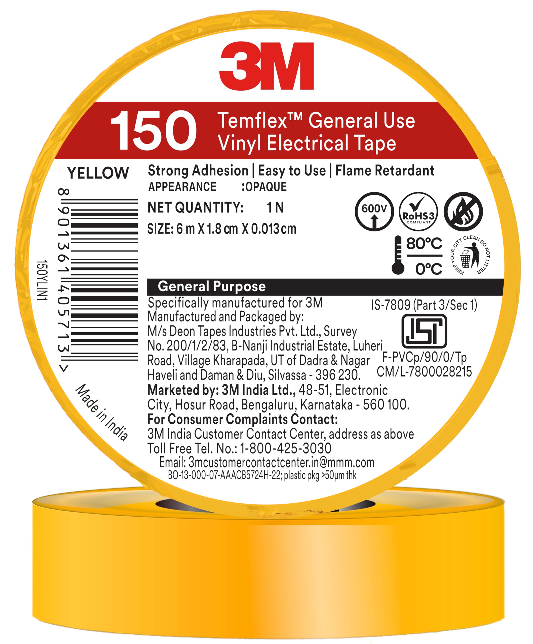 3M Temflex 150 Vinyl Electrical Tape, For Residential and Commercial, Use in General wire harness taping, bundling wires, cables and wire pulling and fishing (18mm X 6M, 10 Rolls/Pack, Yellow)