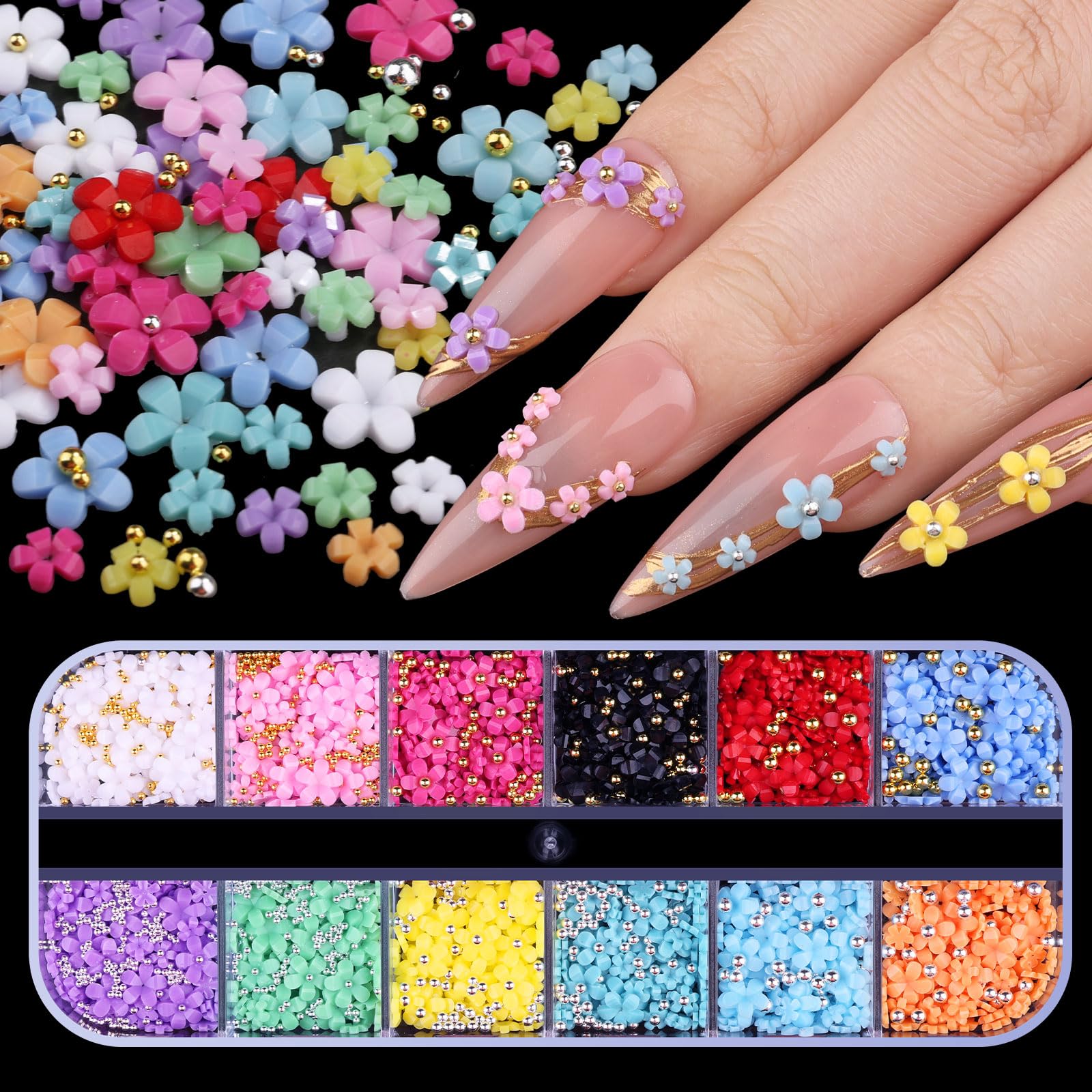 Dijes 3D coloridos para arte de uñas, acrílico blanco y rosa, flor de cerezo, pétalo de primavera, metal, oro, plata, cuentas redondas de caviar, perlas de diamantes de imitación para manicura y