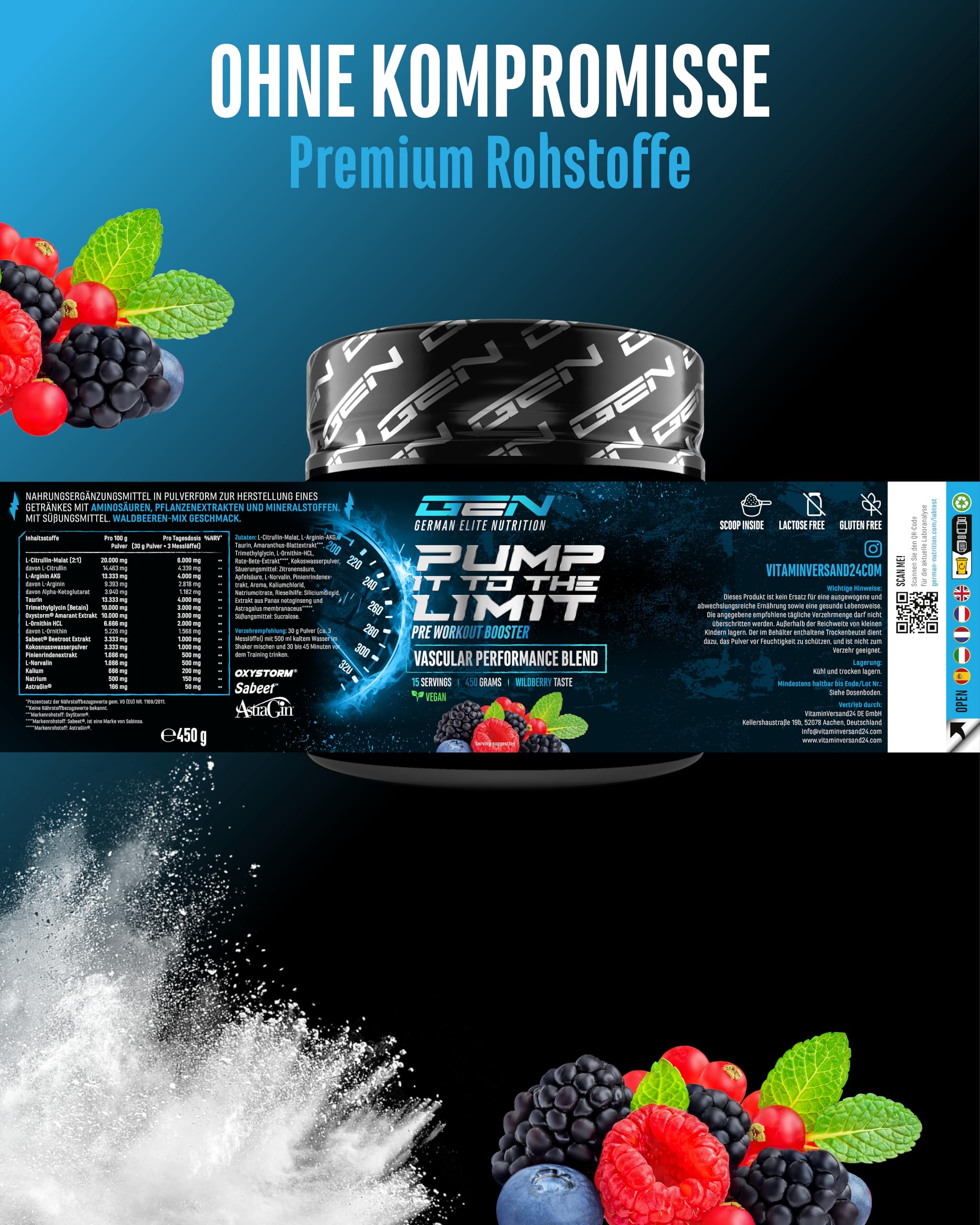 GEN GERMAN ELITE NUTRITION Pump it to the Limit - 450 g | Pump Booster ohne Koffein, mit Citrullin Malat, AAKG, OxyStorm®, Sabeet® & AstraGin®, vegan, Wildberry