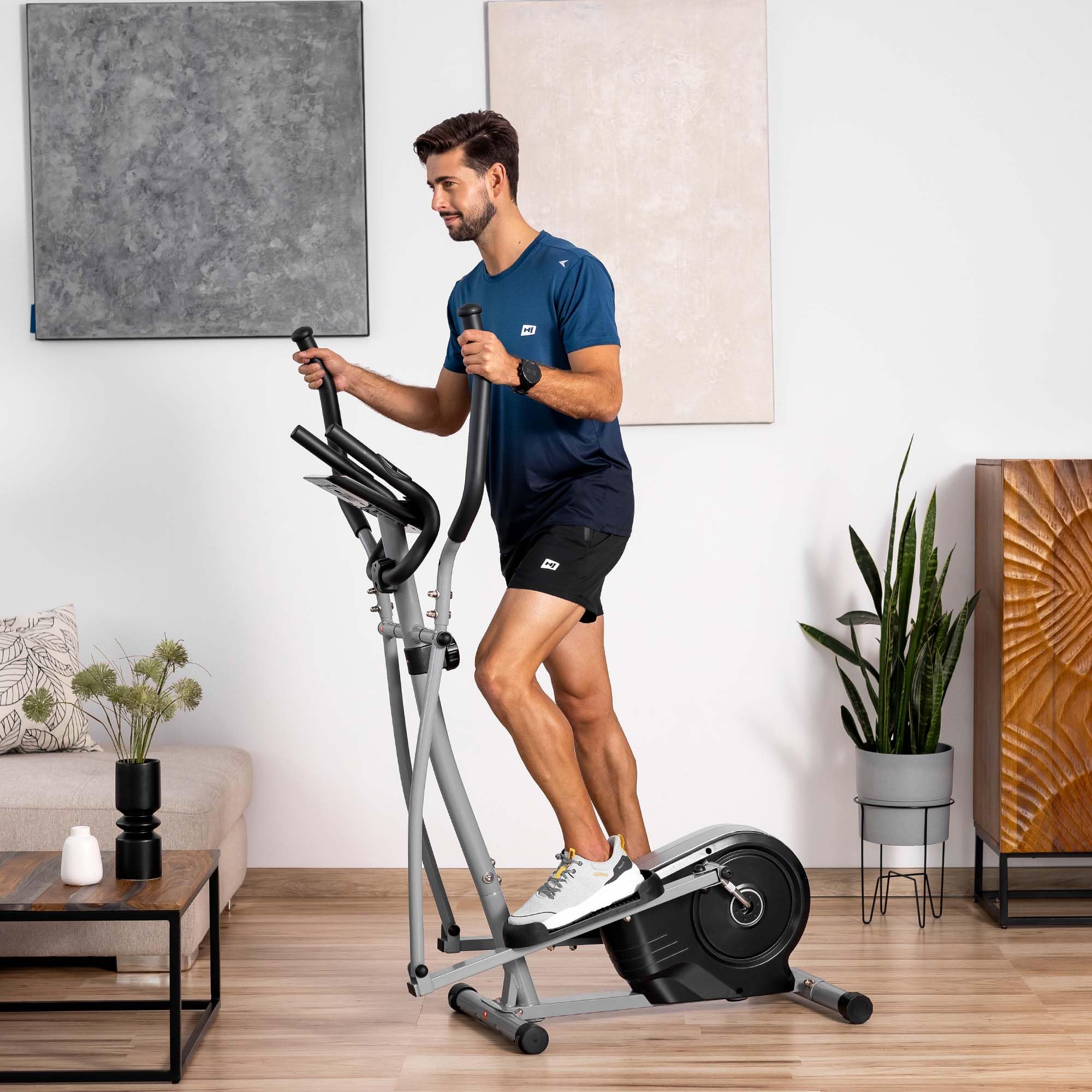 Orbitrek magnetyczny HS-2050C COSMO z 8-stopniową regulacją oporu, wielofunkcyjny komputer treningowy, czujniki pulsu - idealne urządzenie do treningu kardio, fitness - srebrny