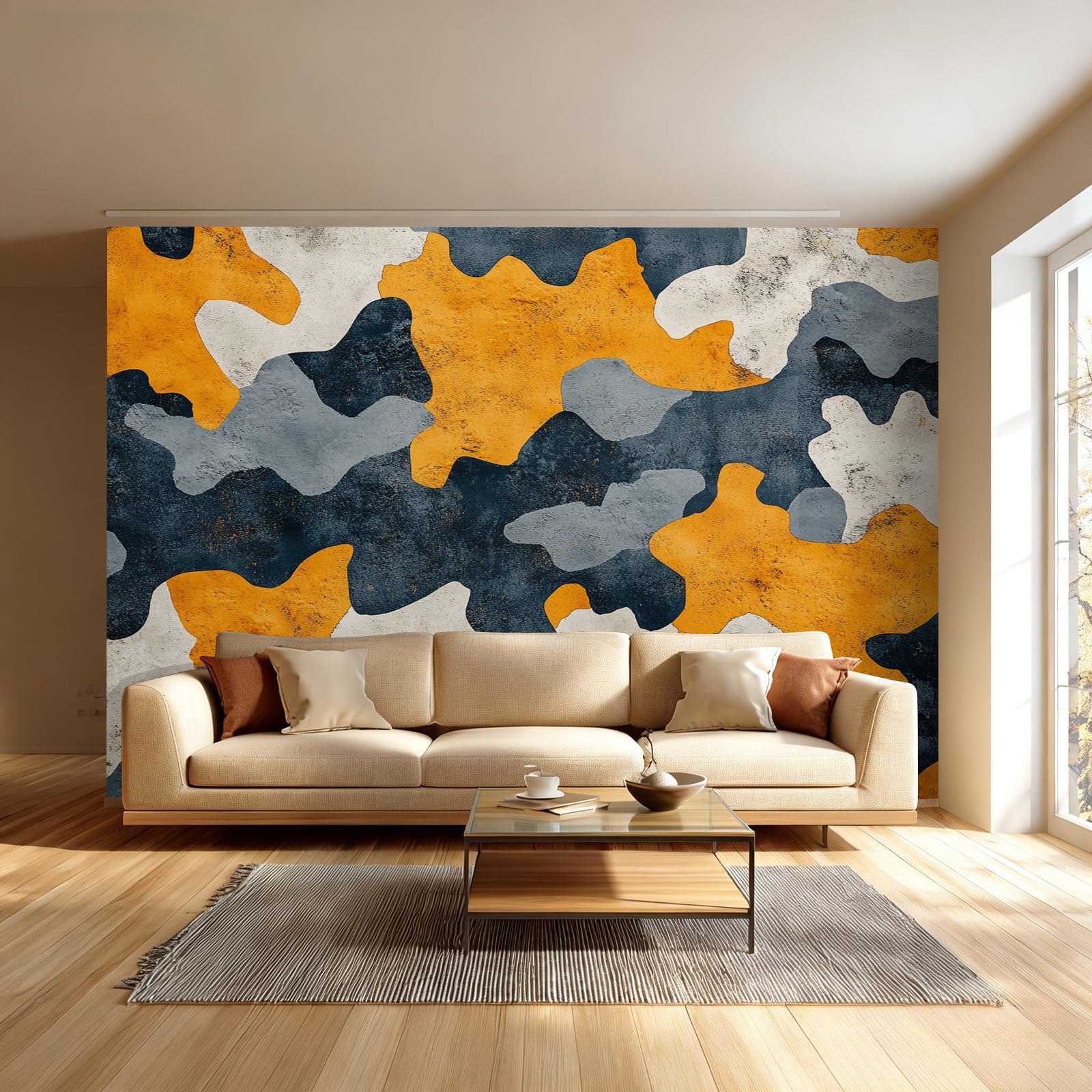 Papier Peint Jaune Gris Bleu Camo Autocollant : Rénover sans colle un grand mur de chambre