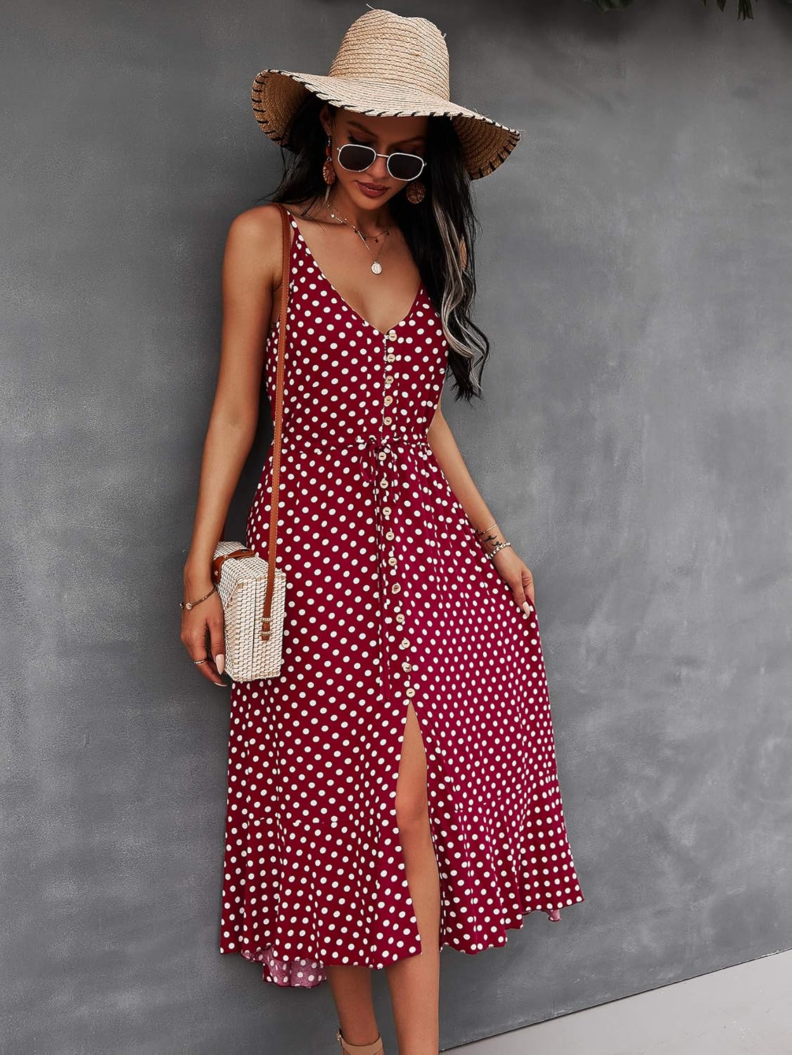 BROVAVE Women's 2026 Summer Casual Boho Sundress Polka Dot Spaghetti Strap V Neck Flowy Midi Dresses - Image 2
