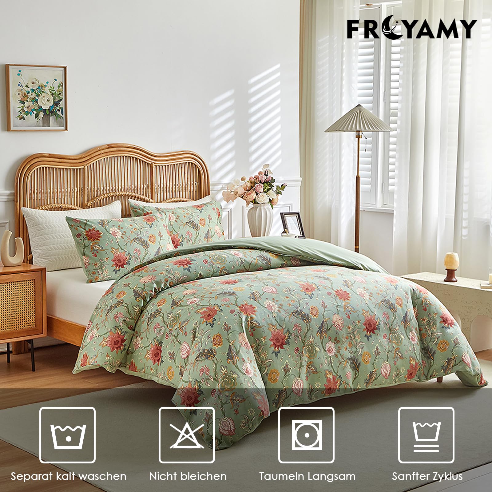 Freyamy Grün Bettwäsche 200x220,Exotisch Bunt Blumen Bettwäsche-Sets 3tlg,Luxus Botanisch Wende Bettwäsche Weich Gewaschene Mikrofaser Bettbezug mit Reißverschluss und 2 Kissenbezüge 80x80cm