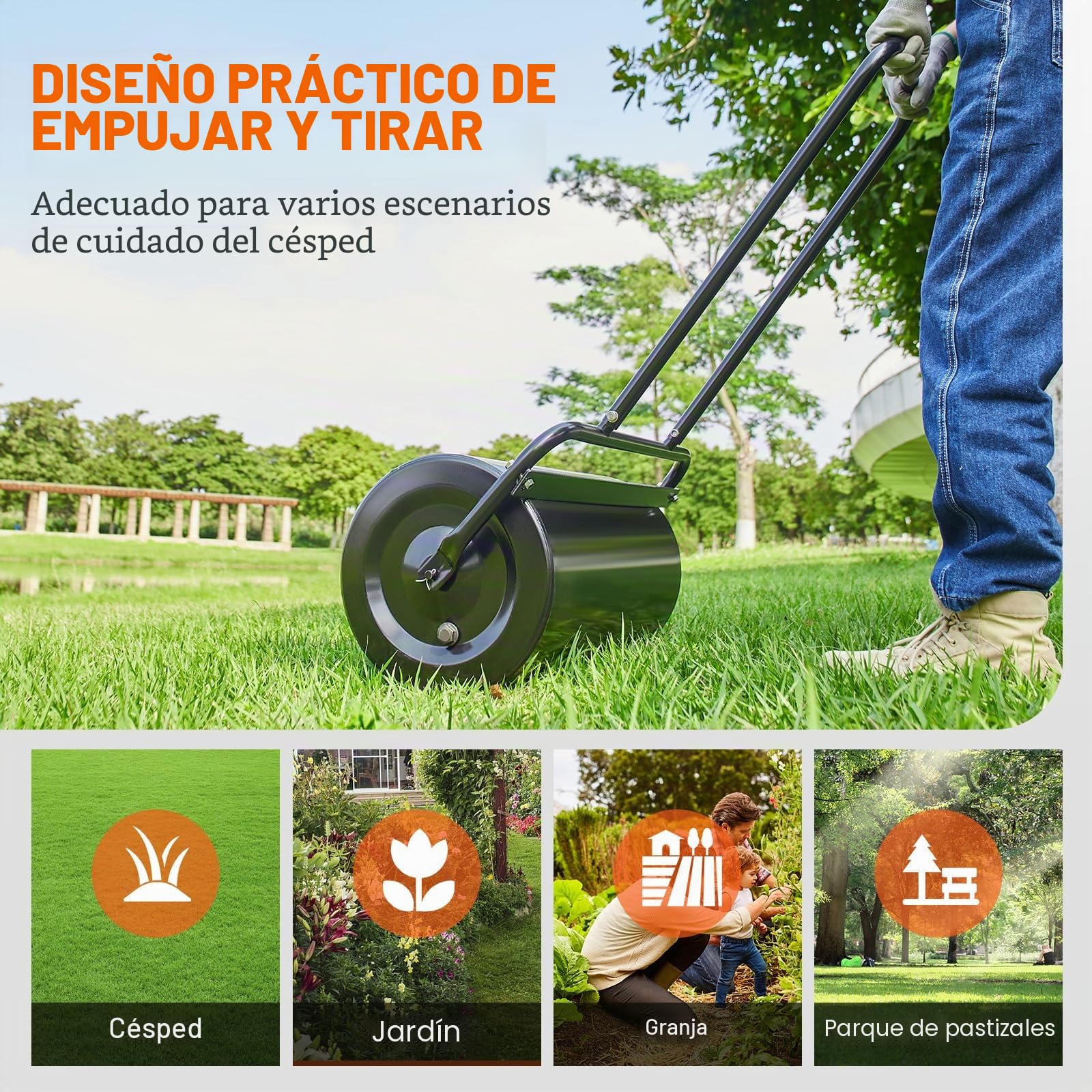 VEVOR Rodillo para Césped de 13 galones/49 L Rodillo para Jardín Relleno de Arena/Agua Rodillo para Césped de Acero Fácil Giro Mango Ergonómico en Forma de U para Césped, Jardín, Granja, Parque