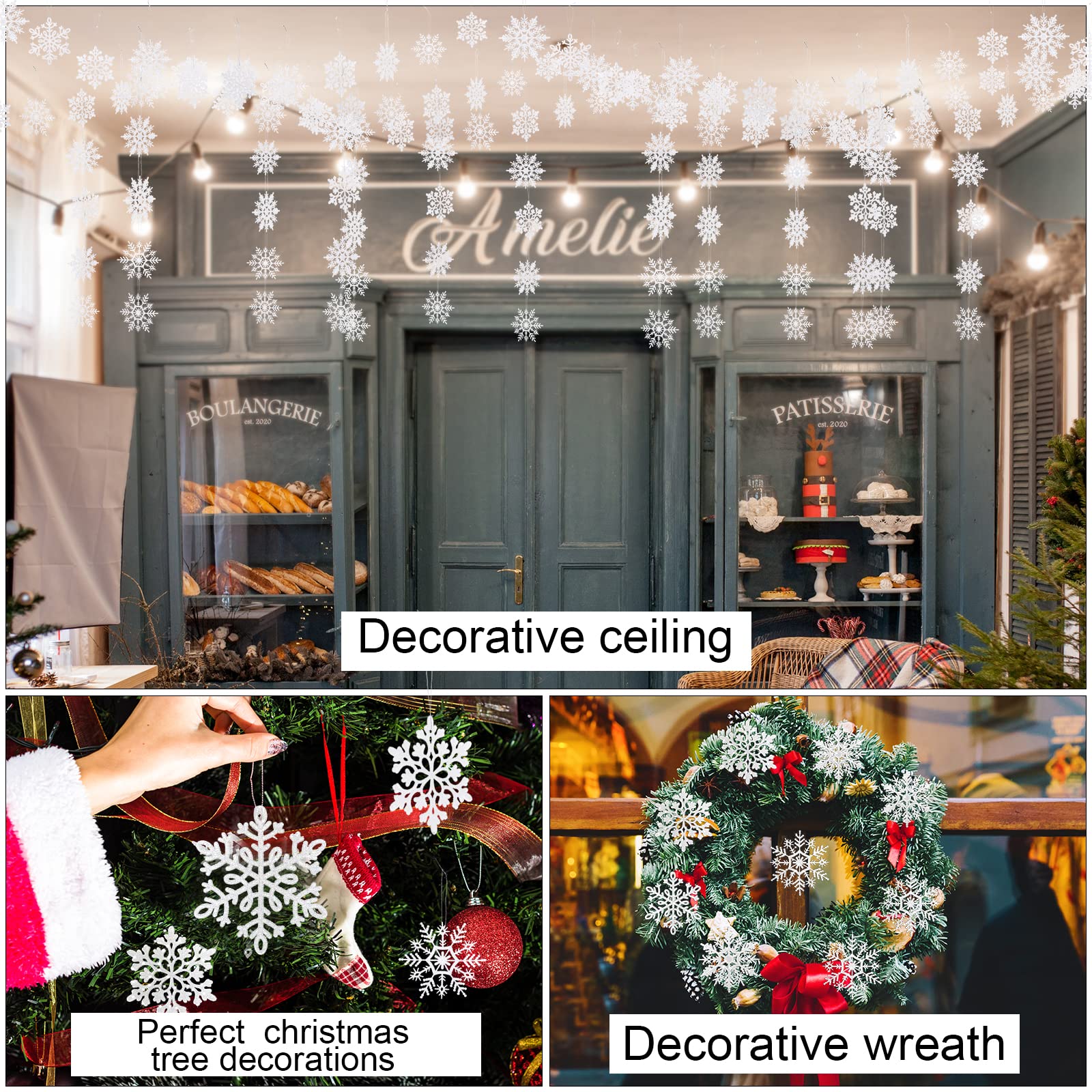 100 Pcs Christmas White Snowflake Ornaments 3" 4'' Glitter Snow Flakes Ornaments Plastic Hanging Snowflake Decorations for Xmas Tree Decorations Winter Indoor Outdoor Window Door, 4 Styles()