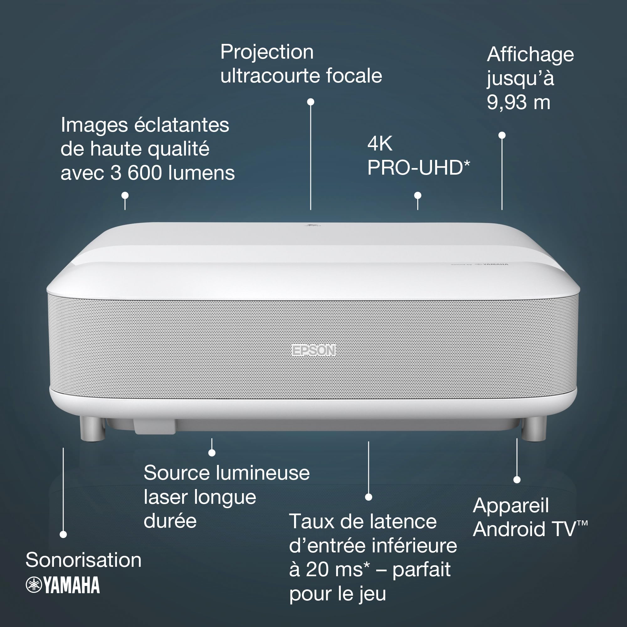 Epson EH-LS650W Video projecteur Intelligent Laser Pro-UHD 4K ultracourte focale, 3LCD, 3600 Lumens, Android TV, Chromecast, Jeux vidéo, Home Cinéma, Streaming 4K Projection jusqu'à 120” - Blanc