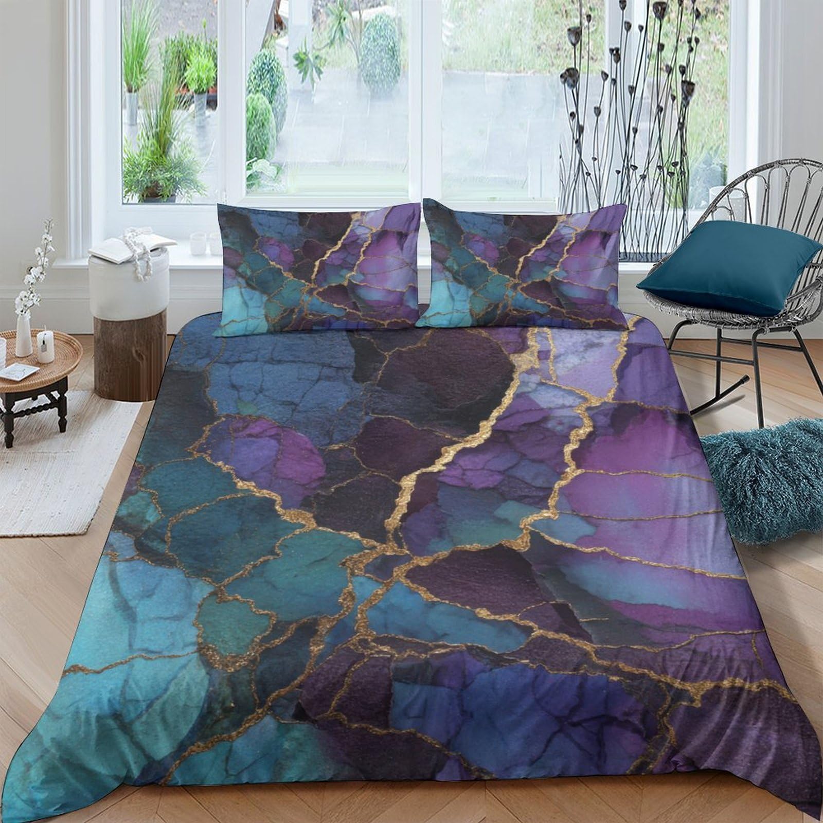 Ctjqhvkz Style-5 3D Printed Marble Vein Fitted Sheet Microfiber Purple Blue Gold Abstract Mattress Cover Bedroom Decor Protection Single（135X200cm）