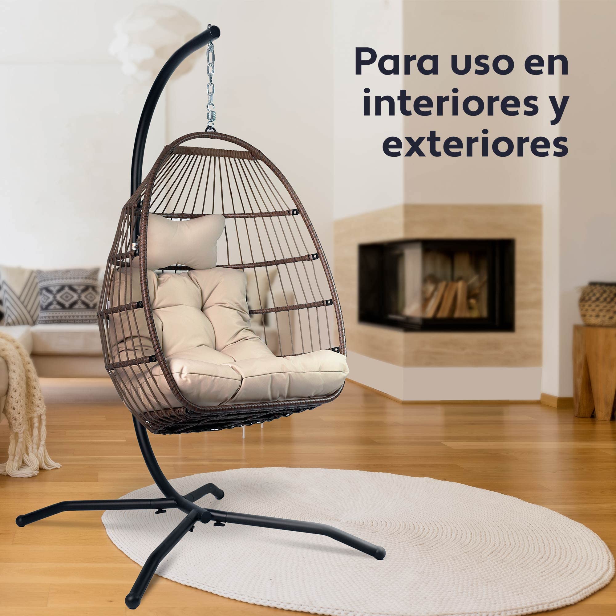 Vita5 Silla Colgante de Jardín – Silla Huevo con Cojìn y Almohadilla para Descansar - Columpio Colgante para Interior y Exterior - Silla Plegable - Estructura Metálica Carga máx. 150 kg - Beige-Marrón