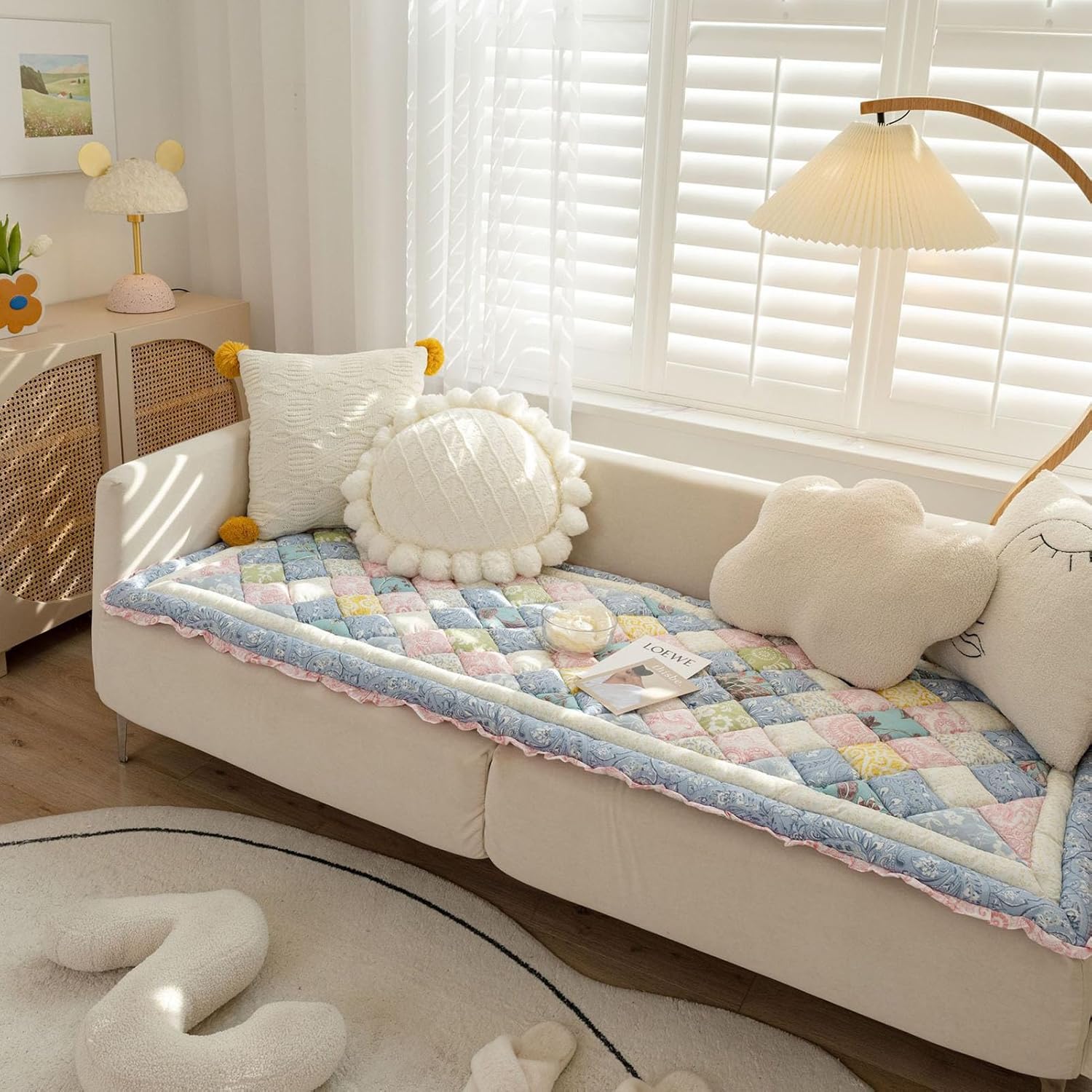 SAZDFY Patchwork Sofa Cover Floor Mat,Cotton Quilted Couch Cover Bay Window Seat Cushion,Non-Slip Sofa Slipcover Thickened Furniture Protector (45x45cm(18x18inch), C)