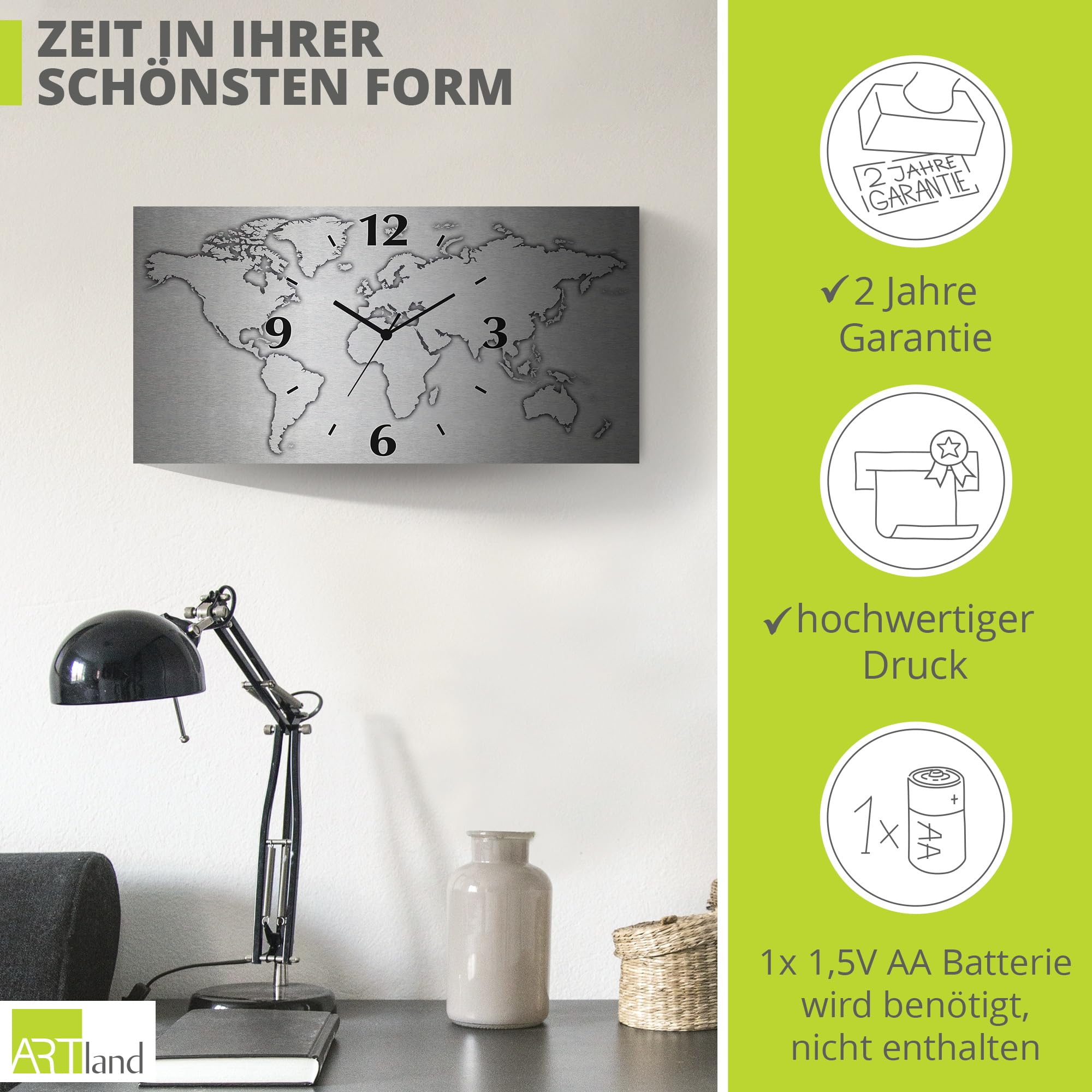ARTLAND Wanddeko Wanduhr ohne Tickgeräusche Alu Quarzuhr Silber metallic lautlos 60x30 cm Rechteckig Weltkarte Modern Karte Abstrakt Grau U1UN